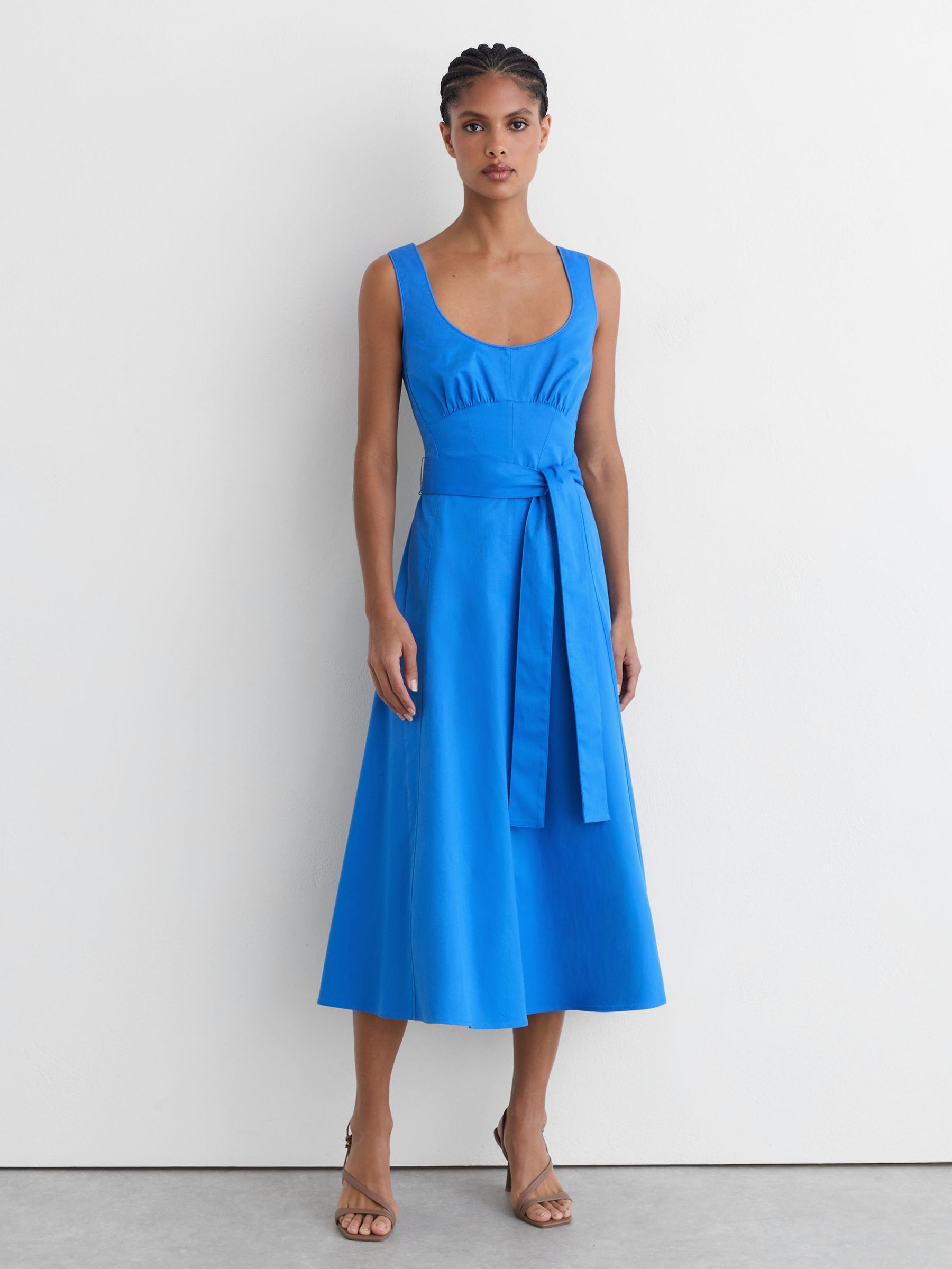 Cotton Belted Midi Dress with Stretch in Blue - image 2