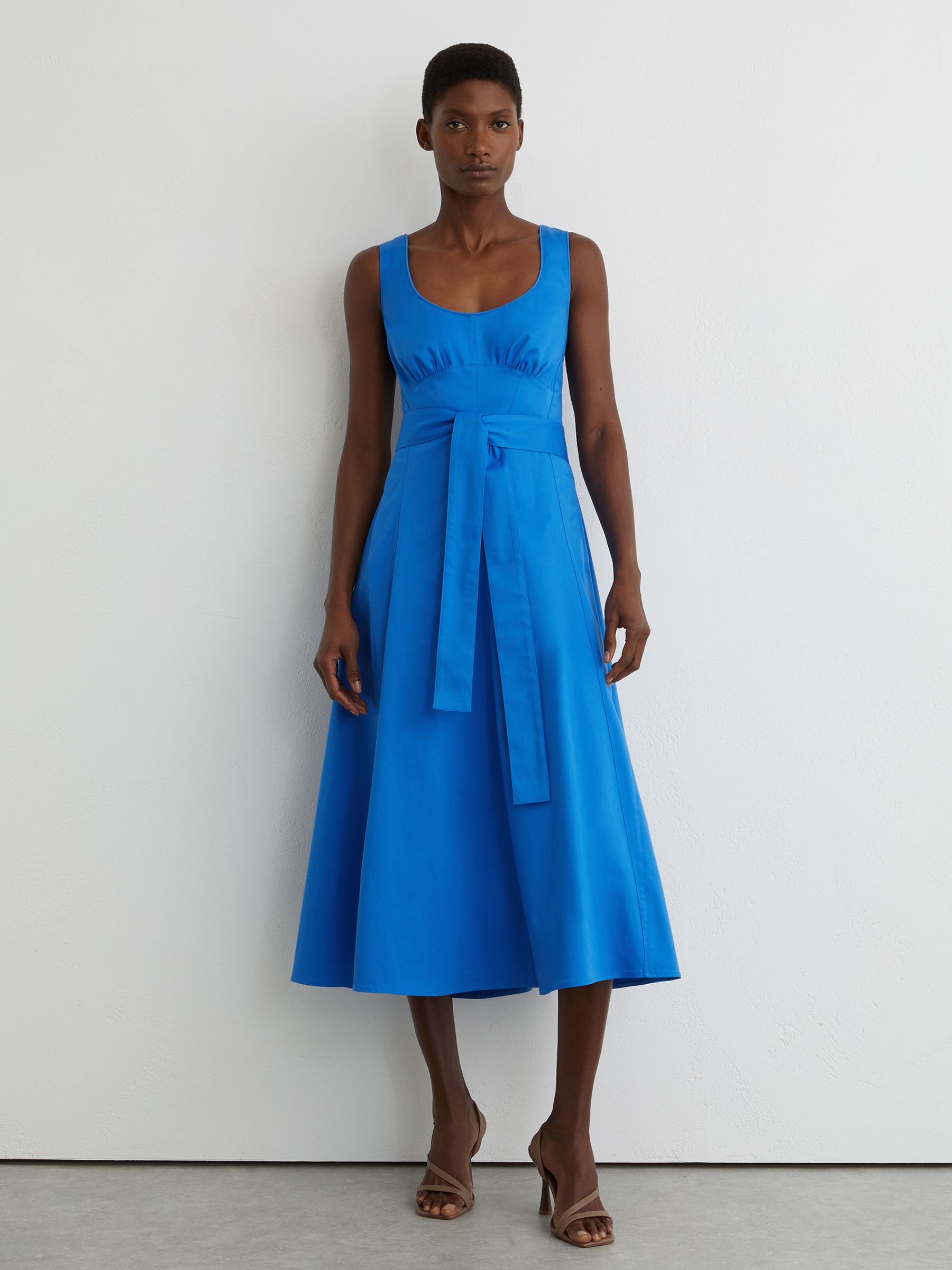 Cotton Belted Midi Dress with Stretch in Blue - Image 1 of 6 Cotton Belted Midi Dress with Stretch in Blue - Image 1 of 6