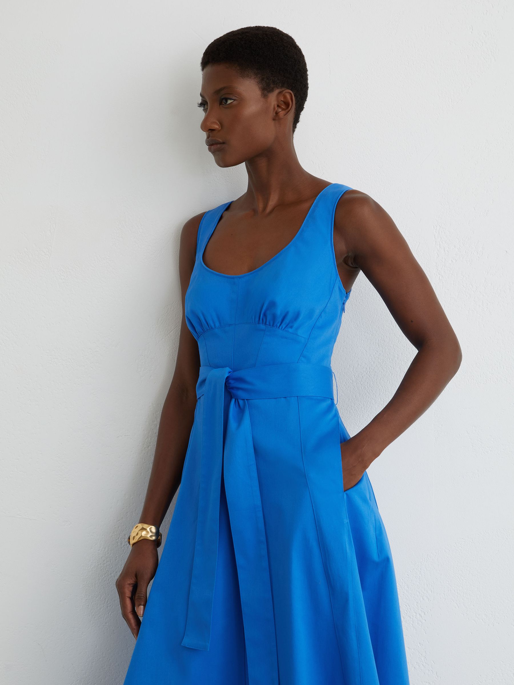 Cotton Belted Midi Dress with Stretch in Blue - Image 3 of 6