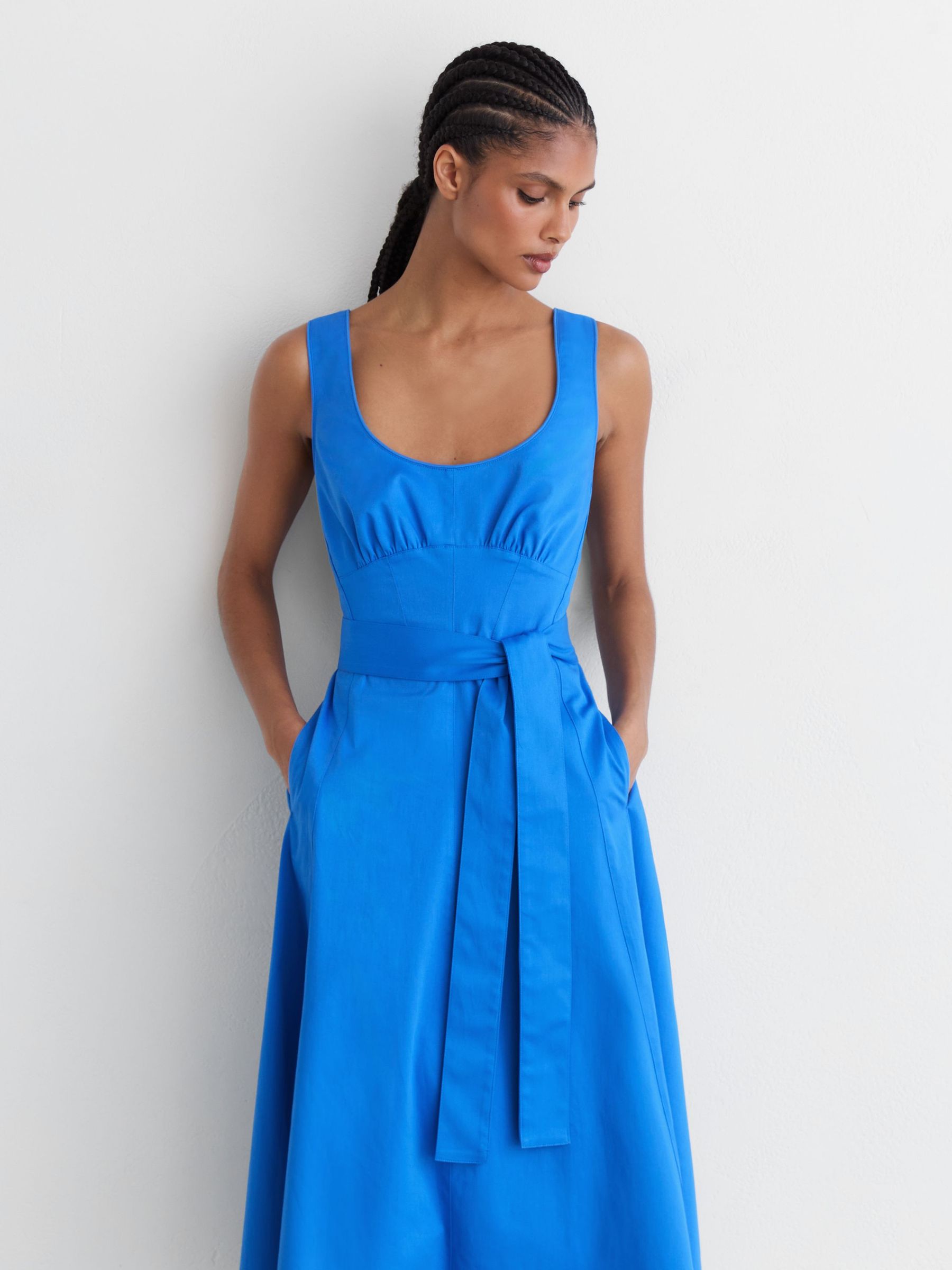 Cotton Belted Midi Dress with Stretch in Blue - image 5