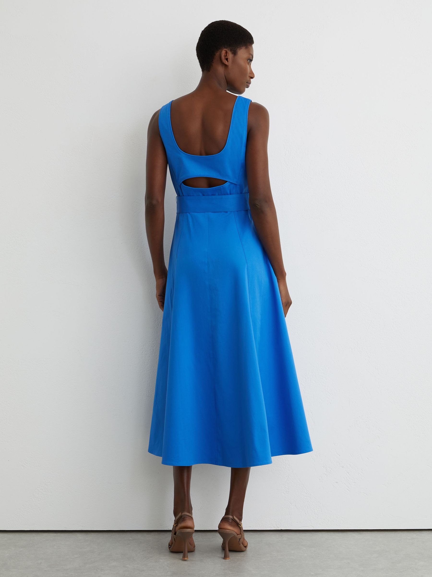Cotton Belted Midi Dress with Stretch in Blue - Image 5 of 6