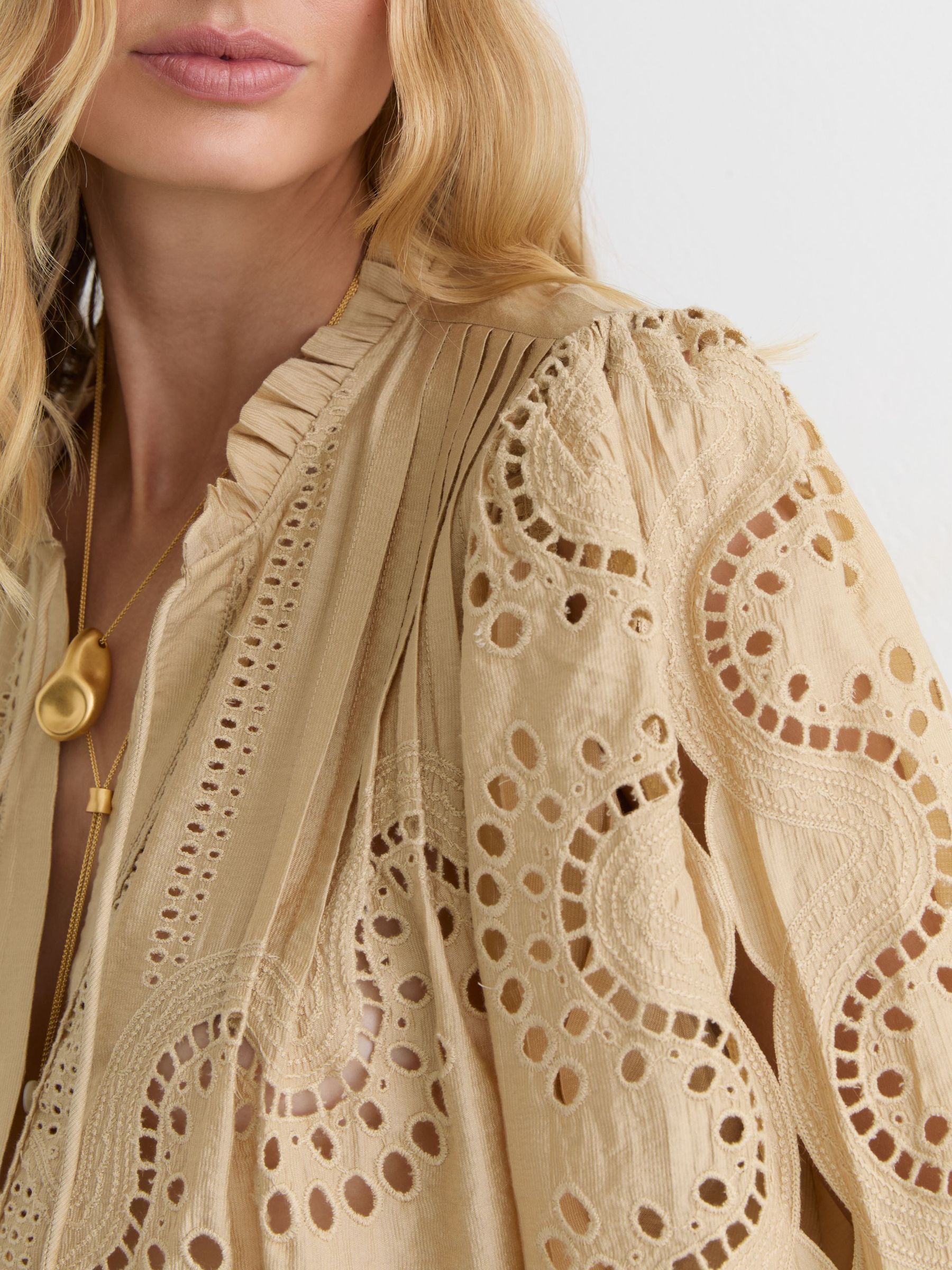 Broderie Anglaise Tie-Neck Blouse in Neutral - image 5