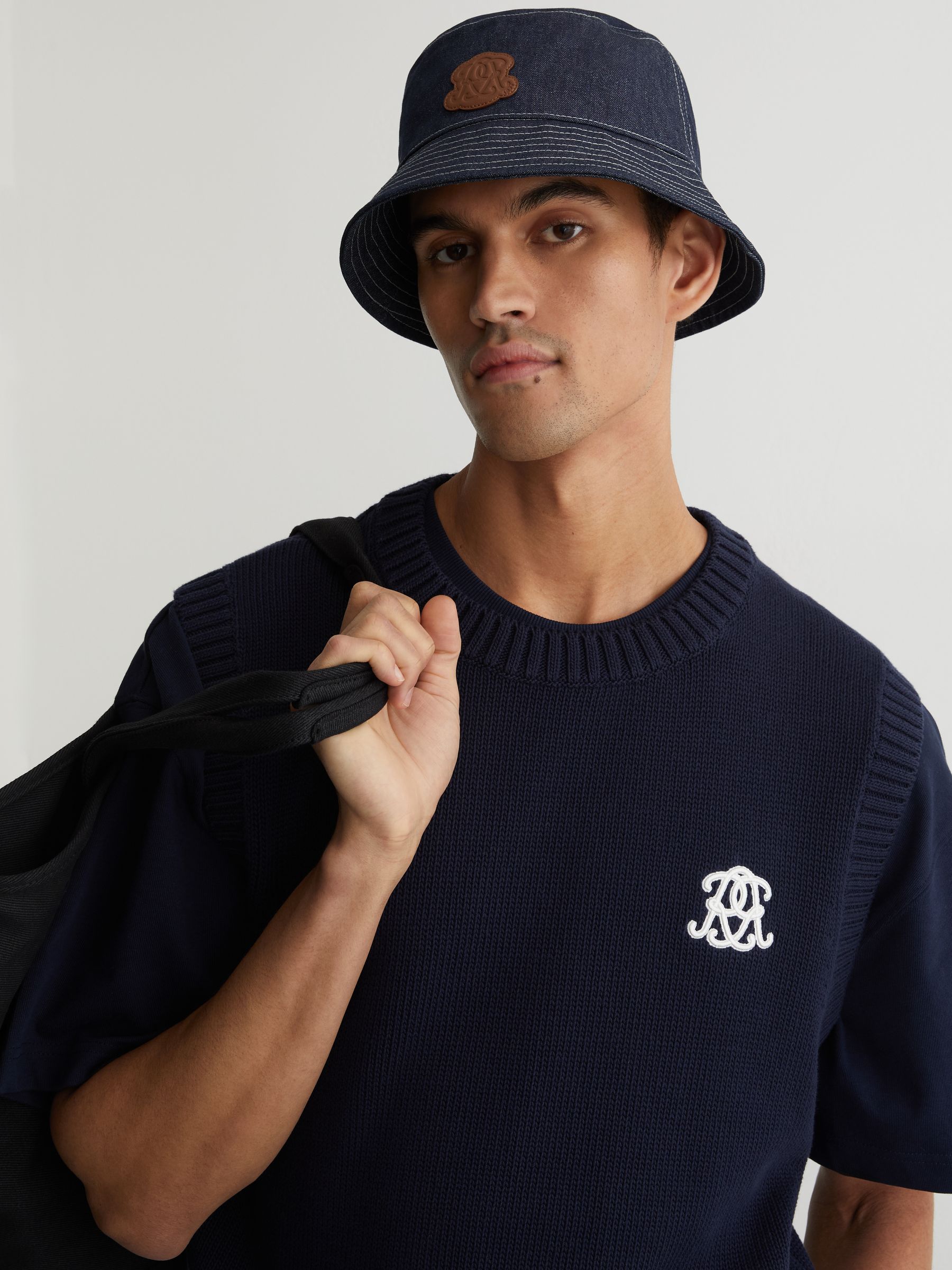 Monogram-Patch Denim Bucket Hat in Mid Blue - image 1
