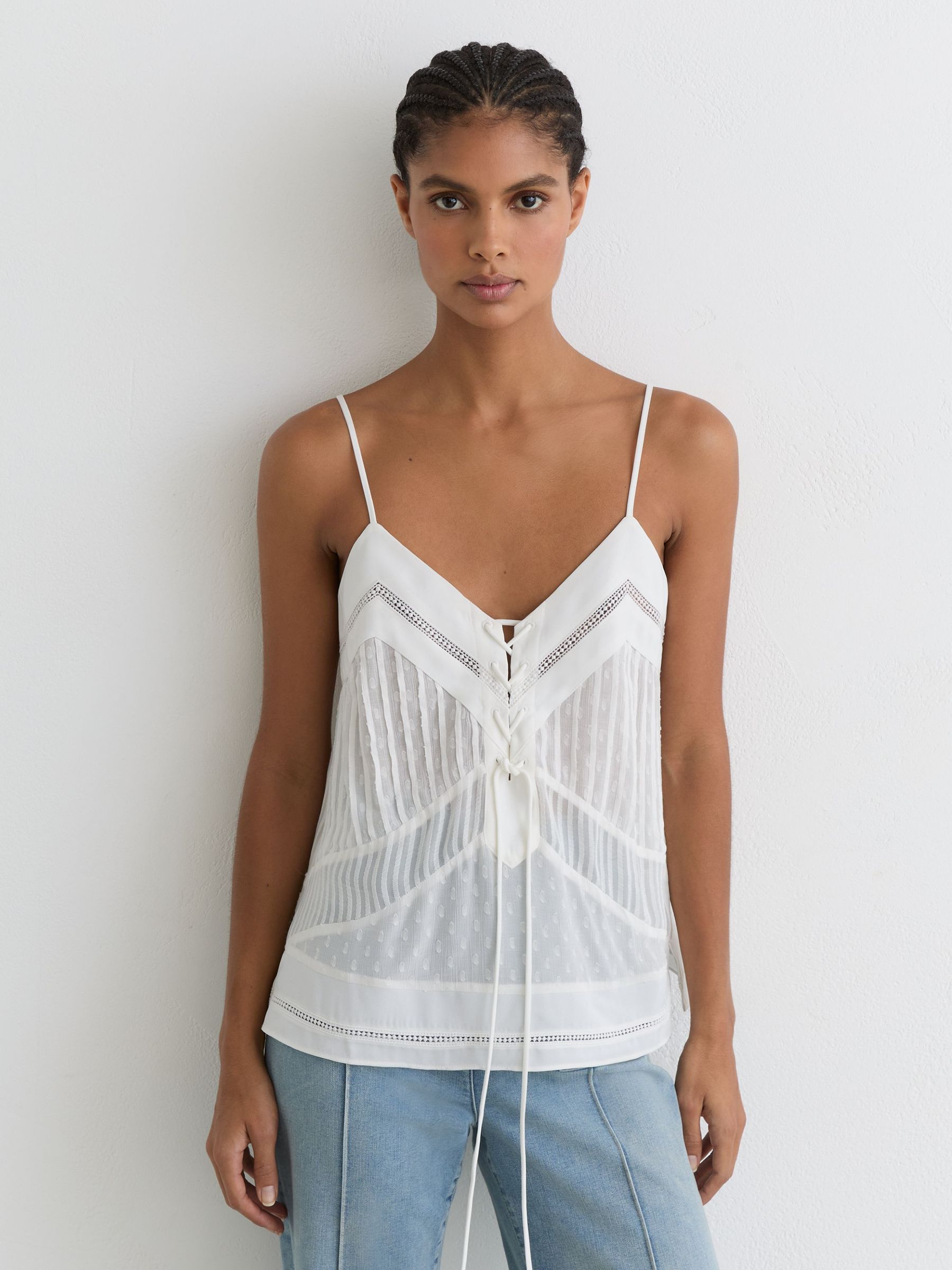 Lace-Up Semi-Sheer Cami Top in Ivory - image 2