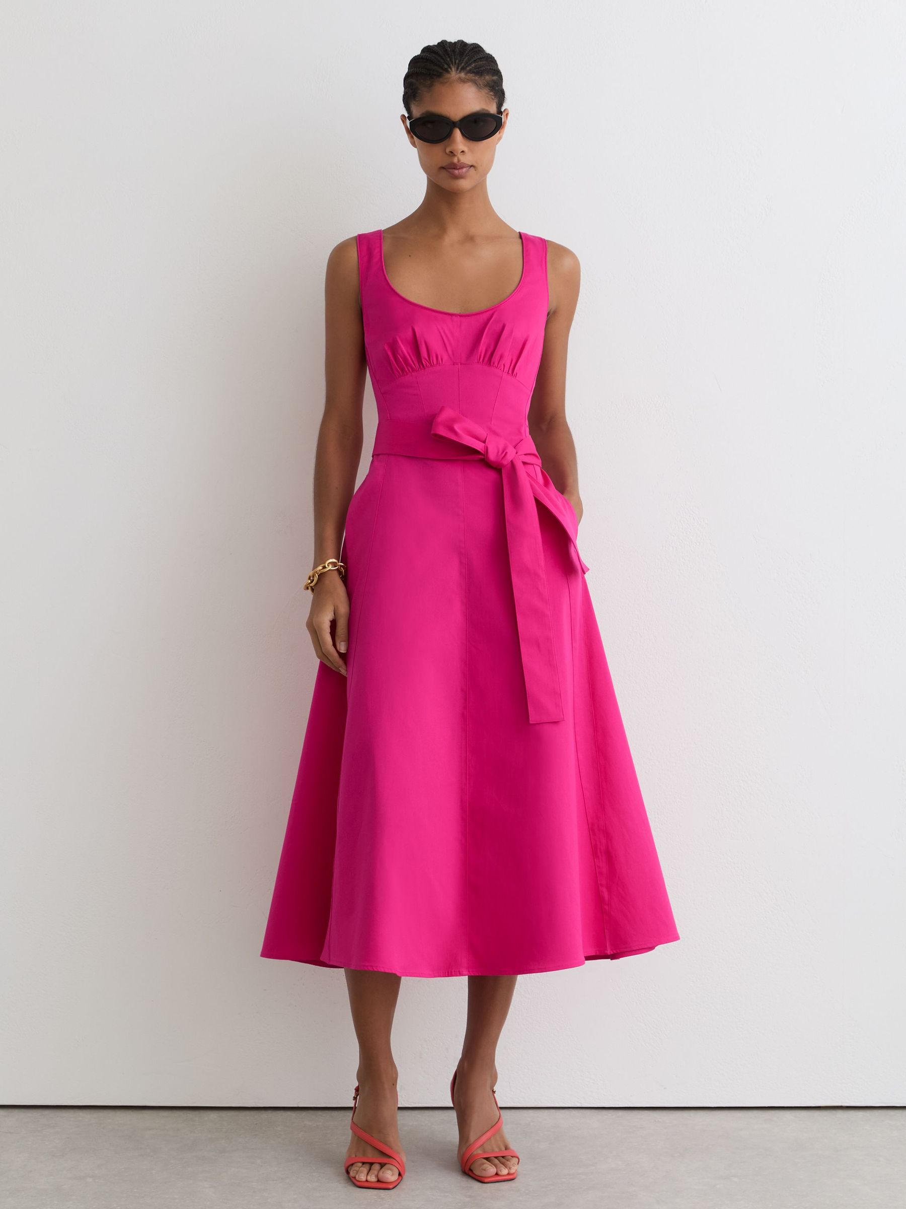 Cotton Belted Midi Dress with Stretch in Pink - Image 1 of 6