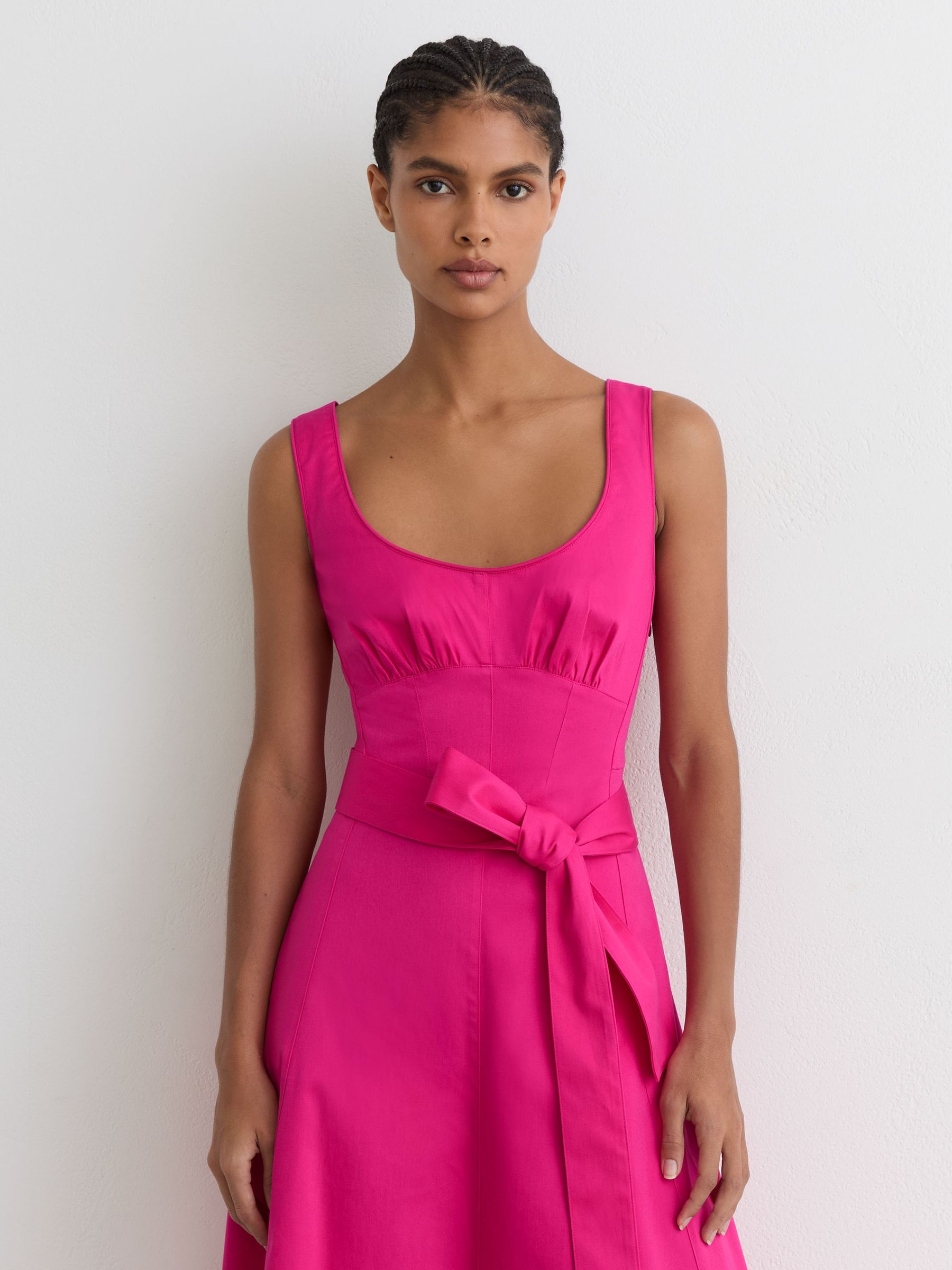 Cotton Belted Midi Dress with Stretch in Pink - Image 4 of 6
