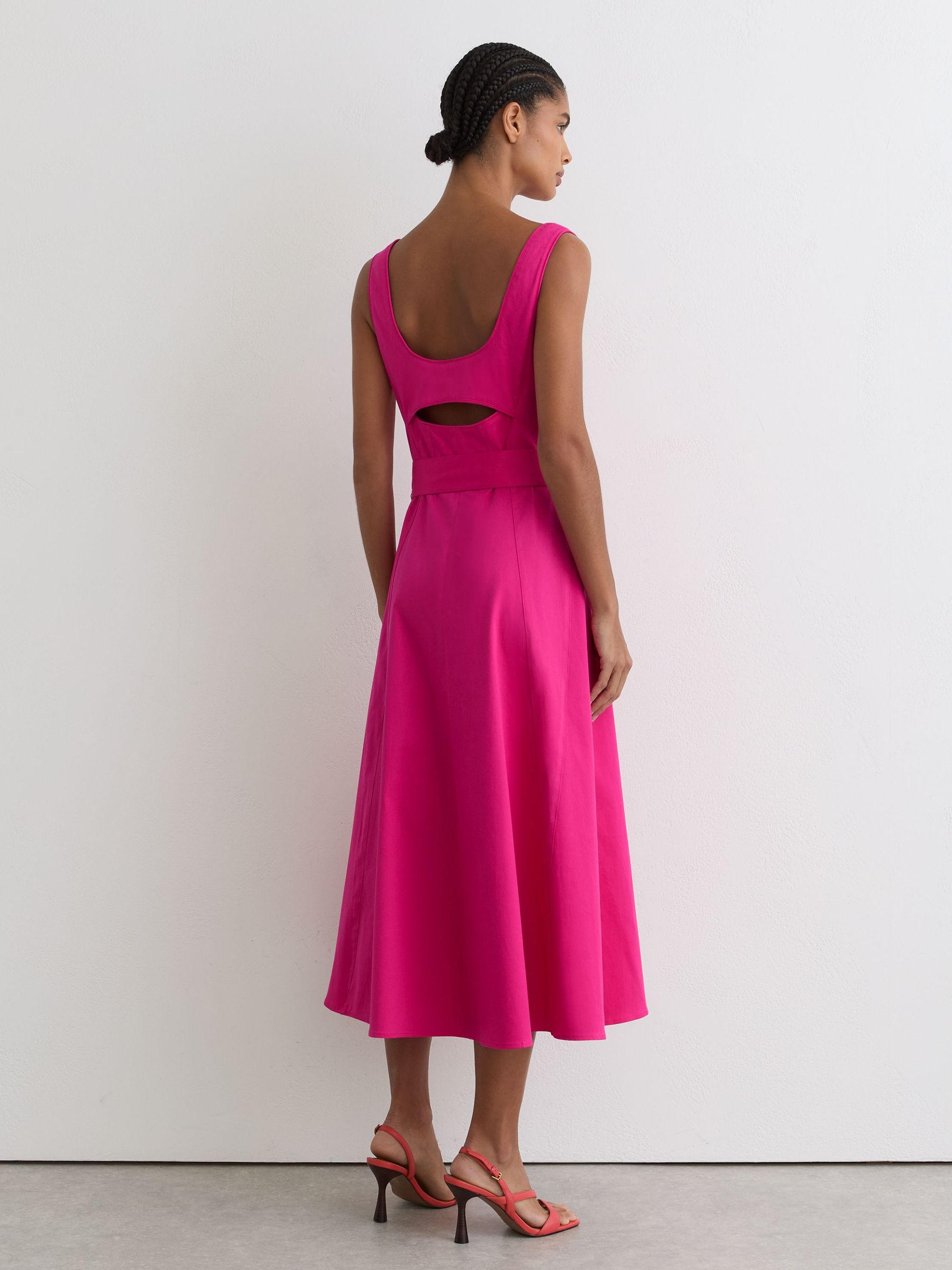 Cotton Belted Midi Dress with Stretch in Pink - Image 5 of 6