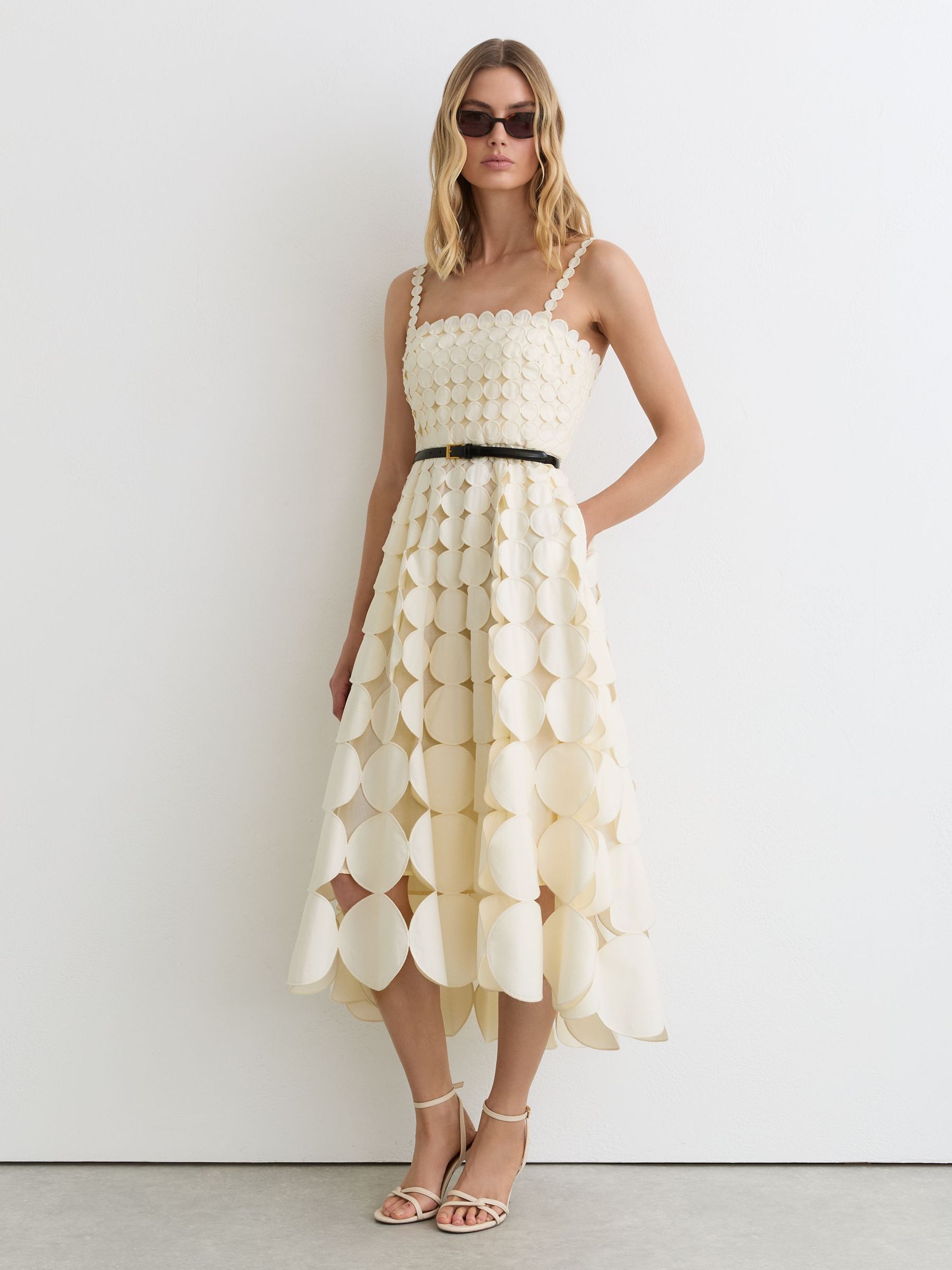 Cotton Cut-Out Belted Midi Dress in Cream - Image 1 of 6