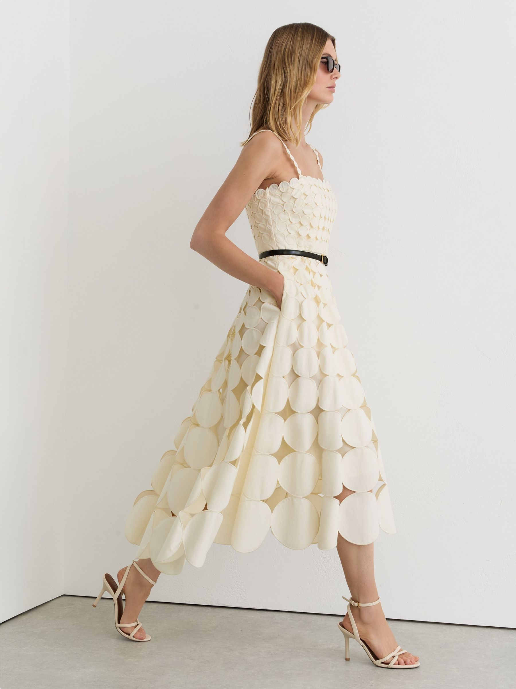 Cotton Cut-Out Belted Midi Dress in Cream - Image 4 of 6