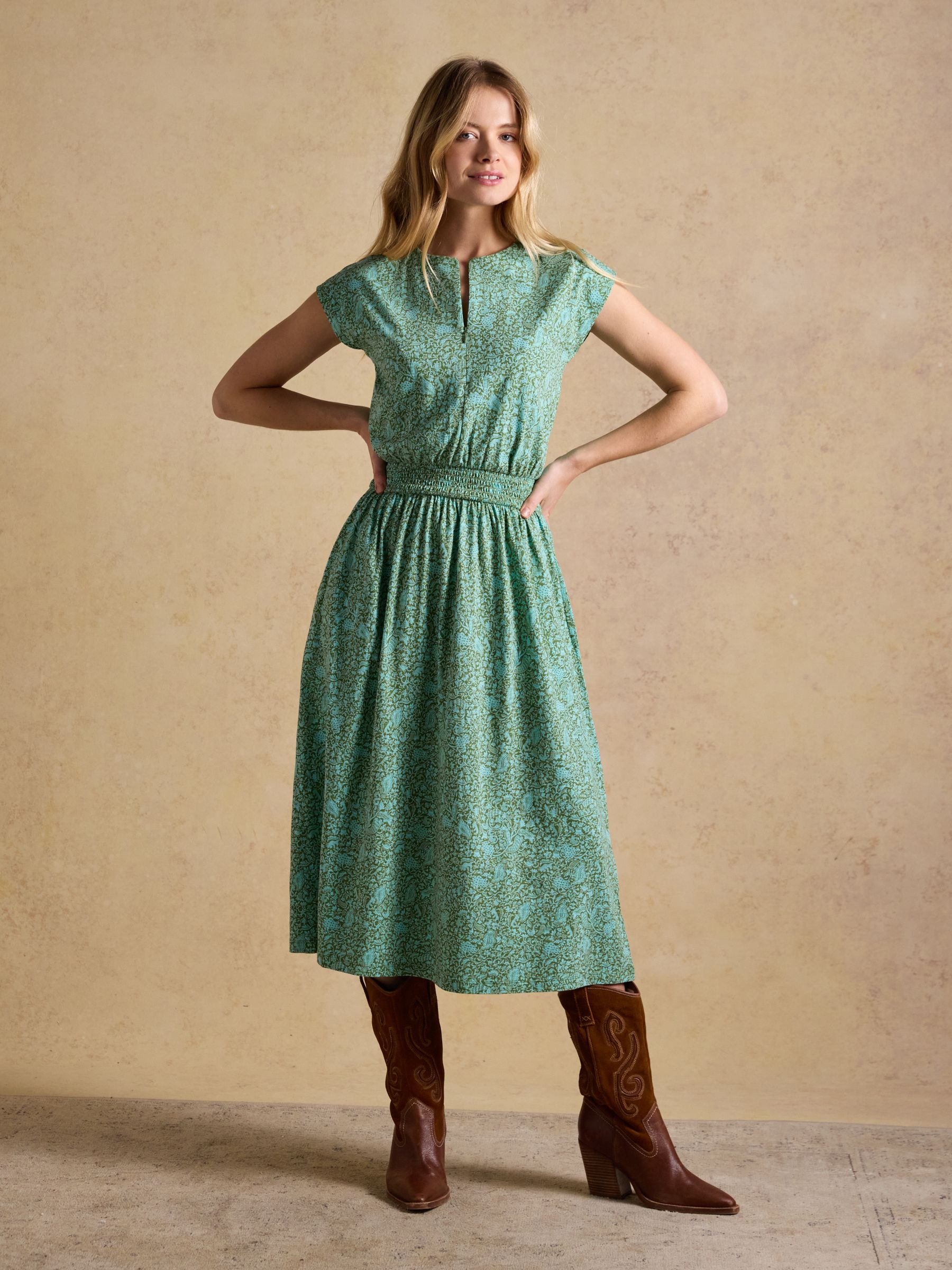 joules green floral dress Lilia Jersey Smocked Waist Midi Frill dress