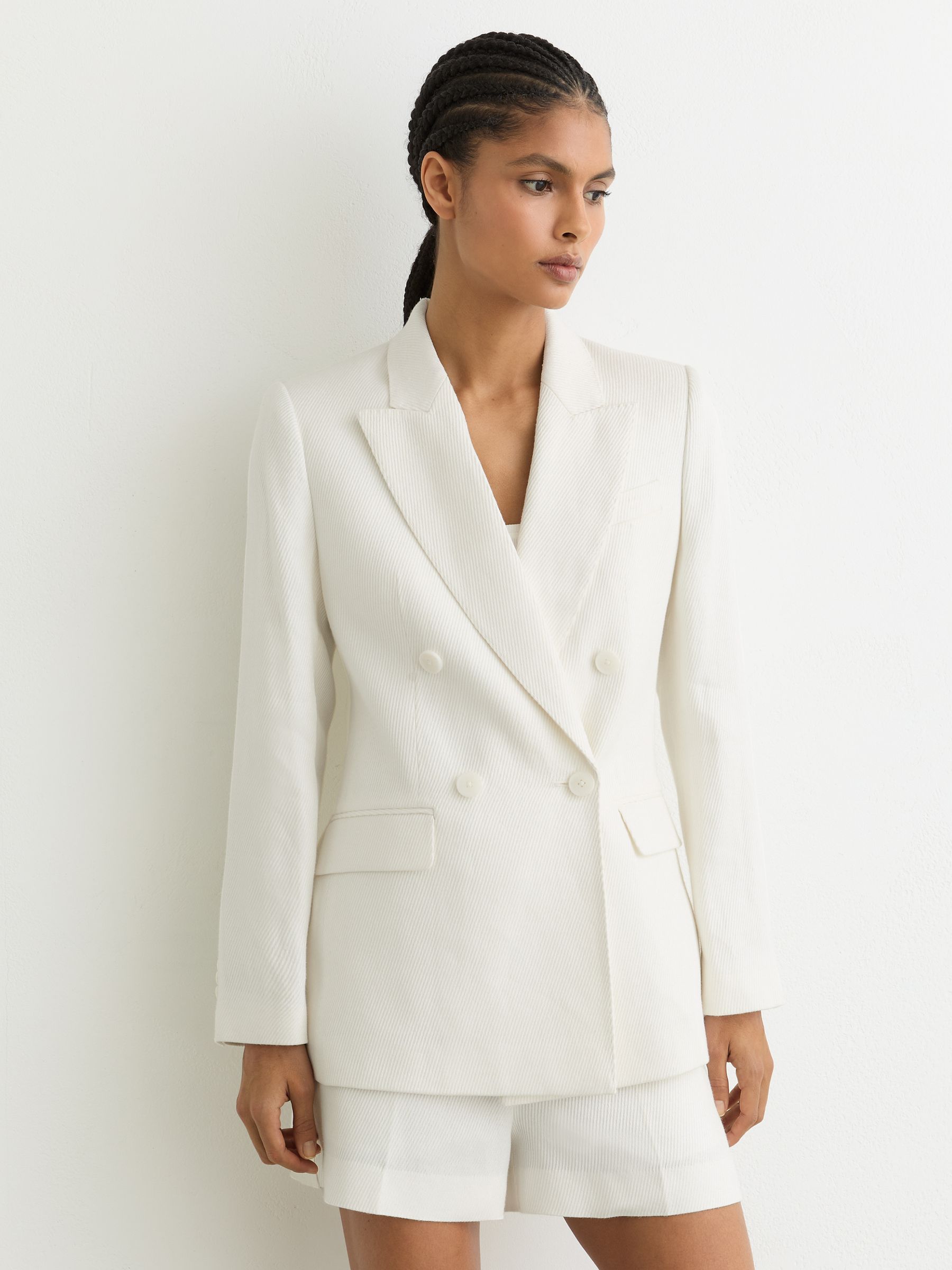 Linen-Blend Double-Breasted Suit Jacket in White - Image 3 of 6