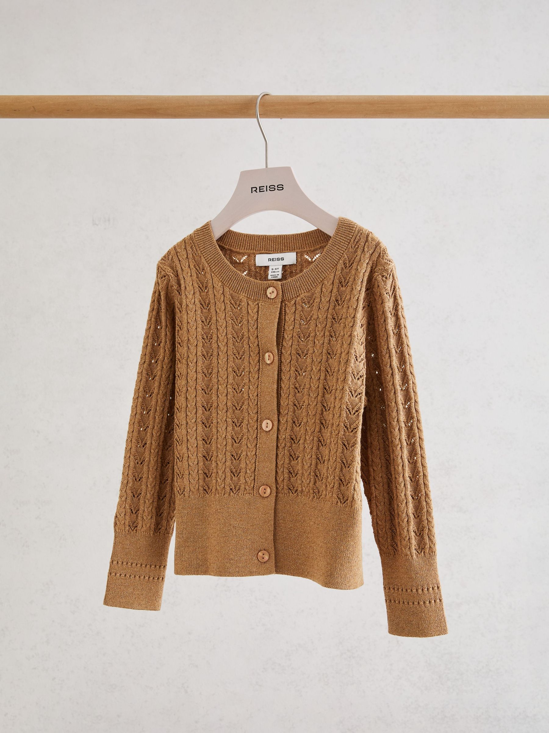 Cotton And Wool Blend Pointelle Cardigan in Bronze - Image 1 of 3