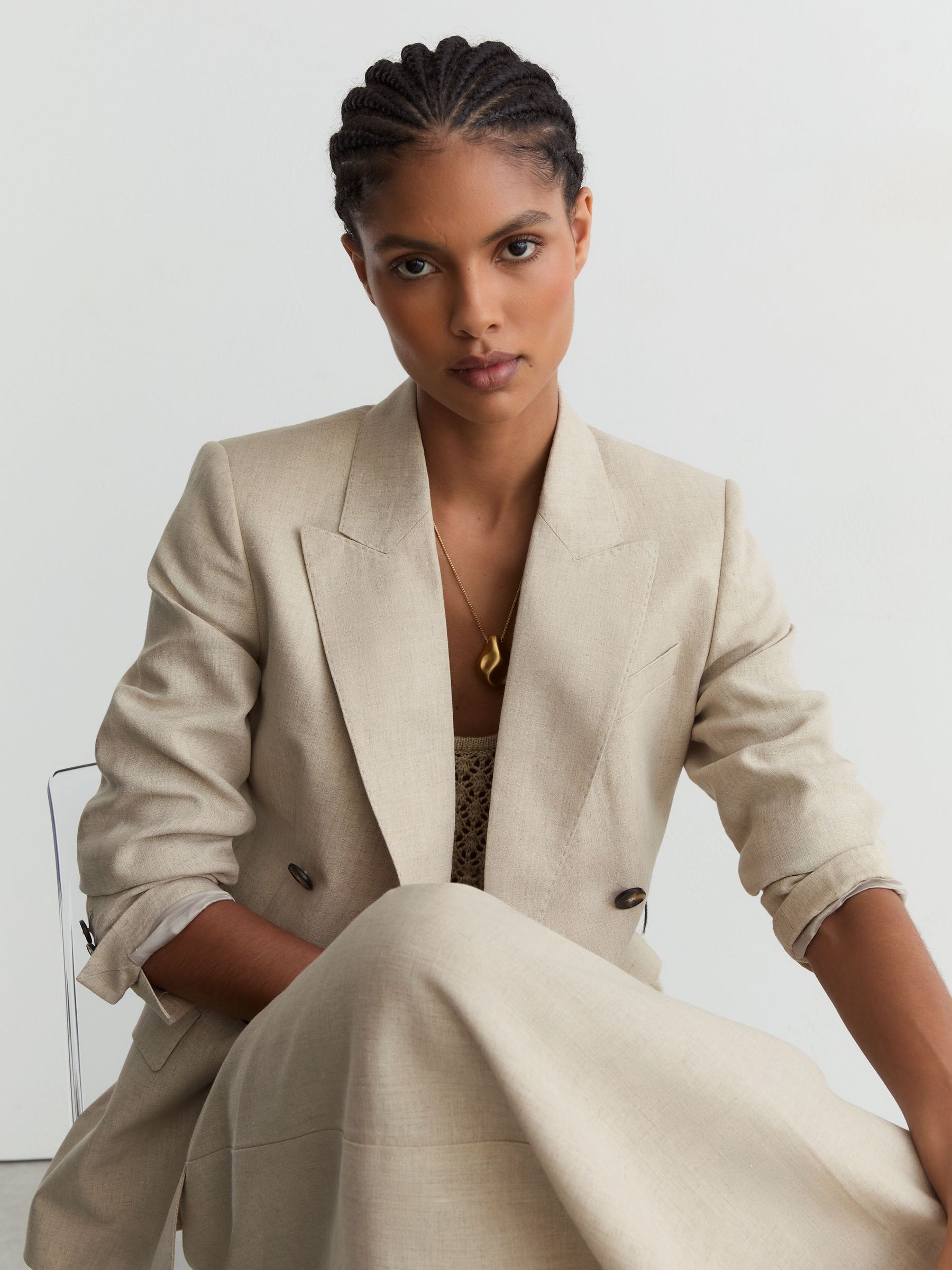 Linen Double-Breasted Suit Blazer in Neutral - Image 1 of 8