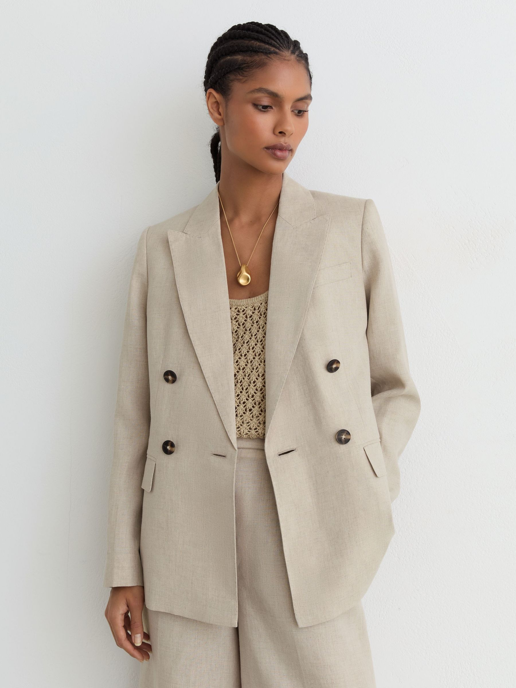 Linen Double-Breasted Suit Blazer in Neutral - Image 5 of 8