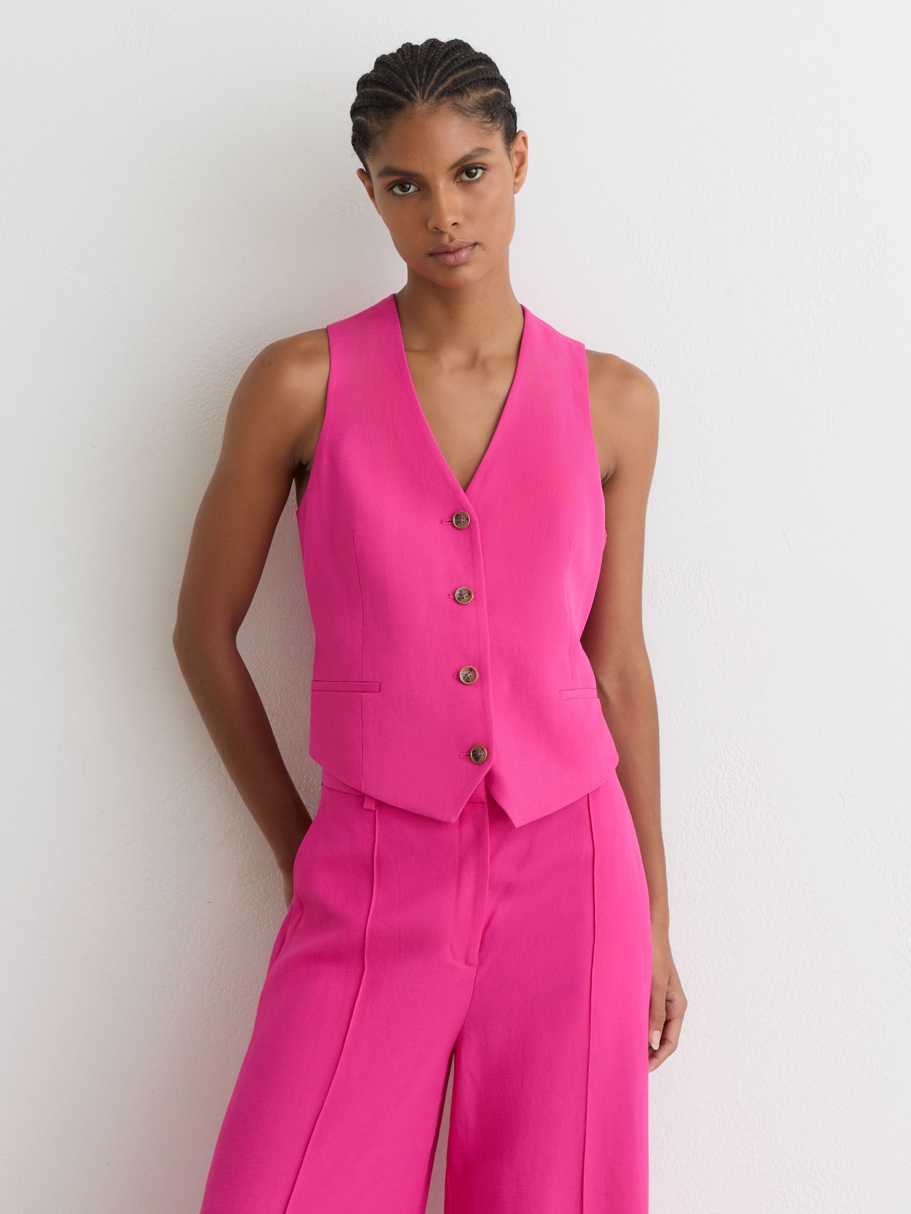 Button-Through Tailored Waistcoat with Linen in Pink - image 2