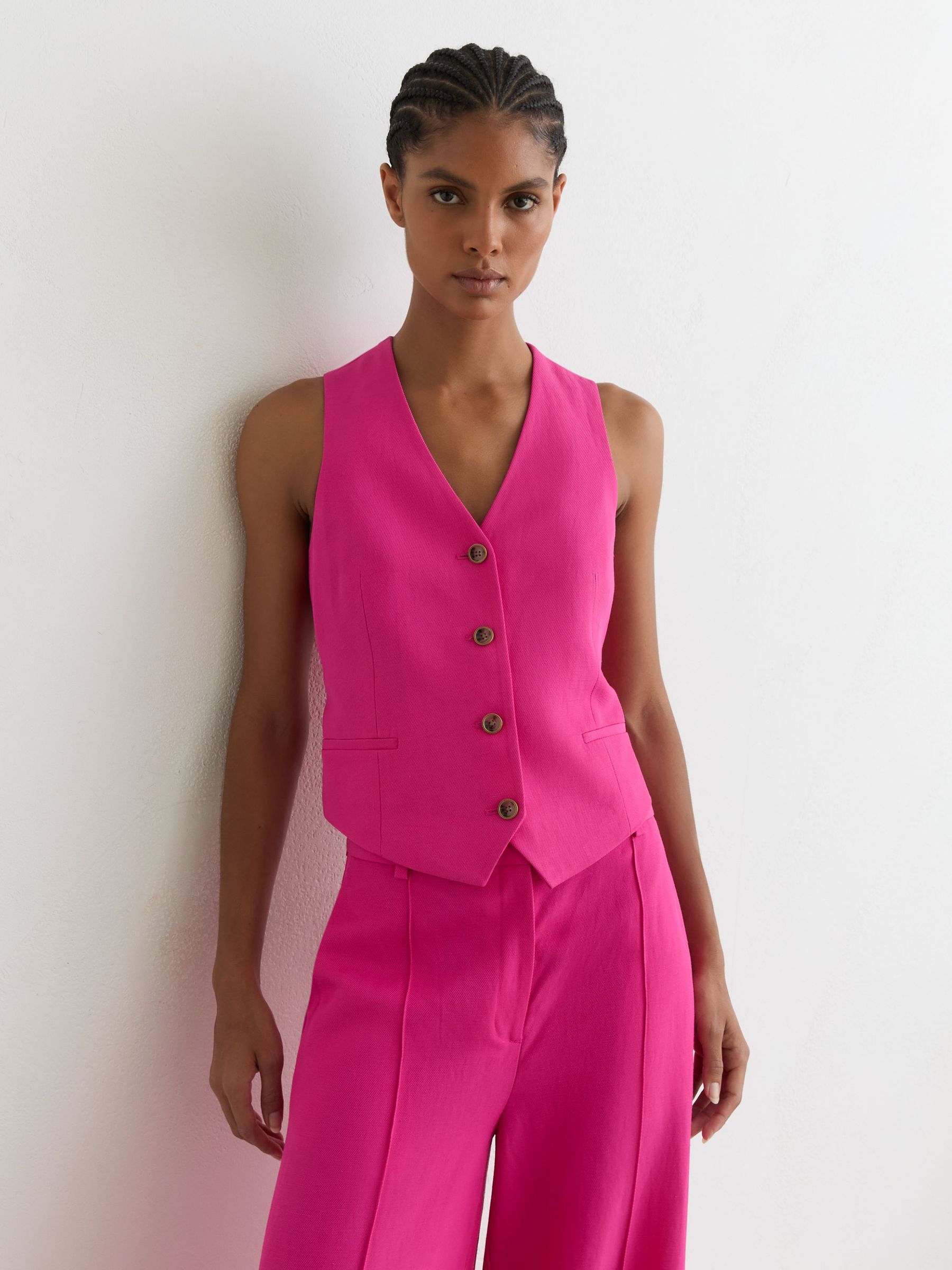 Button-Through Tailored Waistcoat with Linen in Pink - image 3