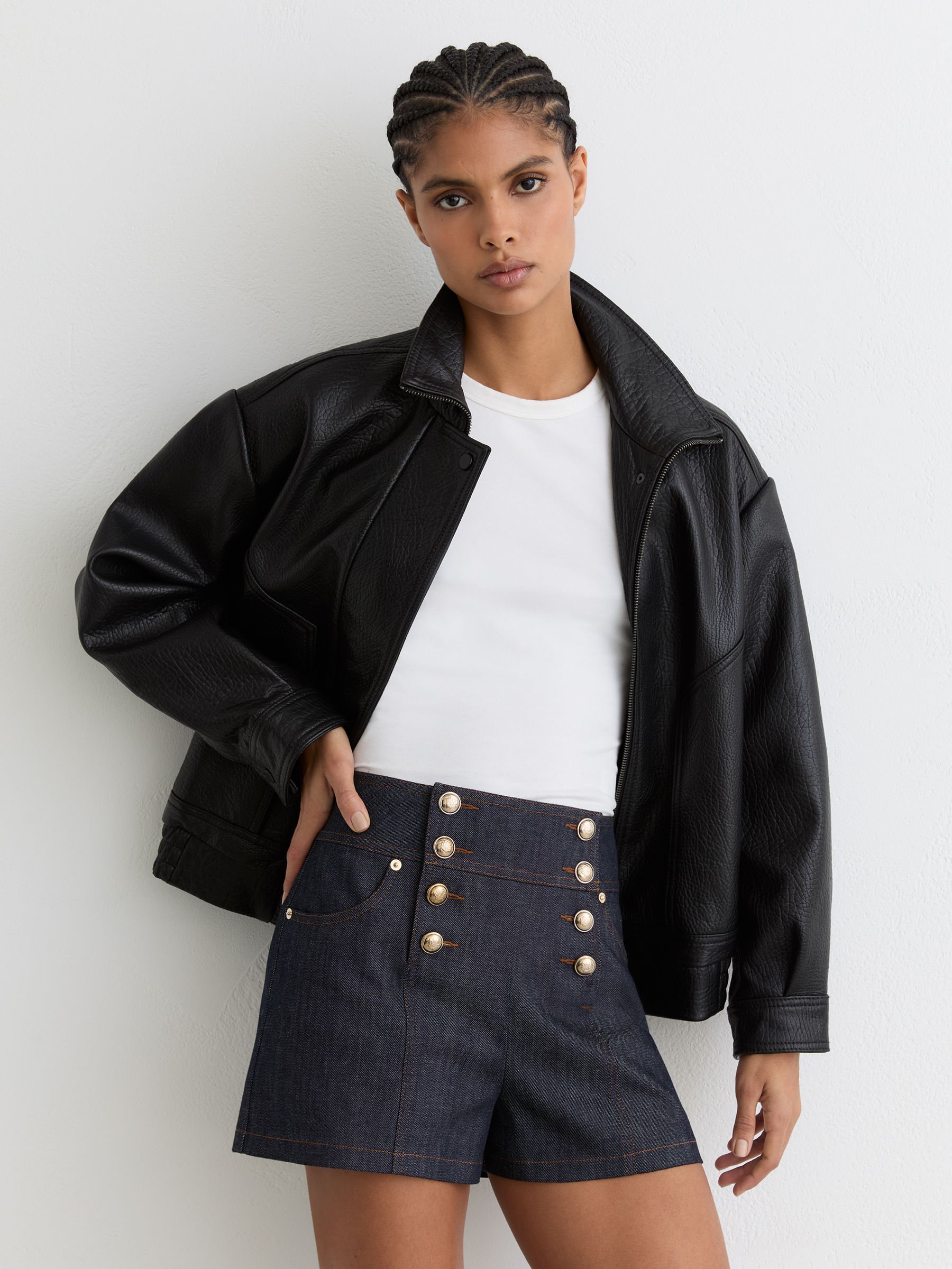 Button-Detail Denim Shorts in Dark Blue - Image 1 of 6