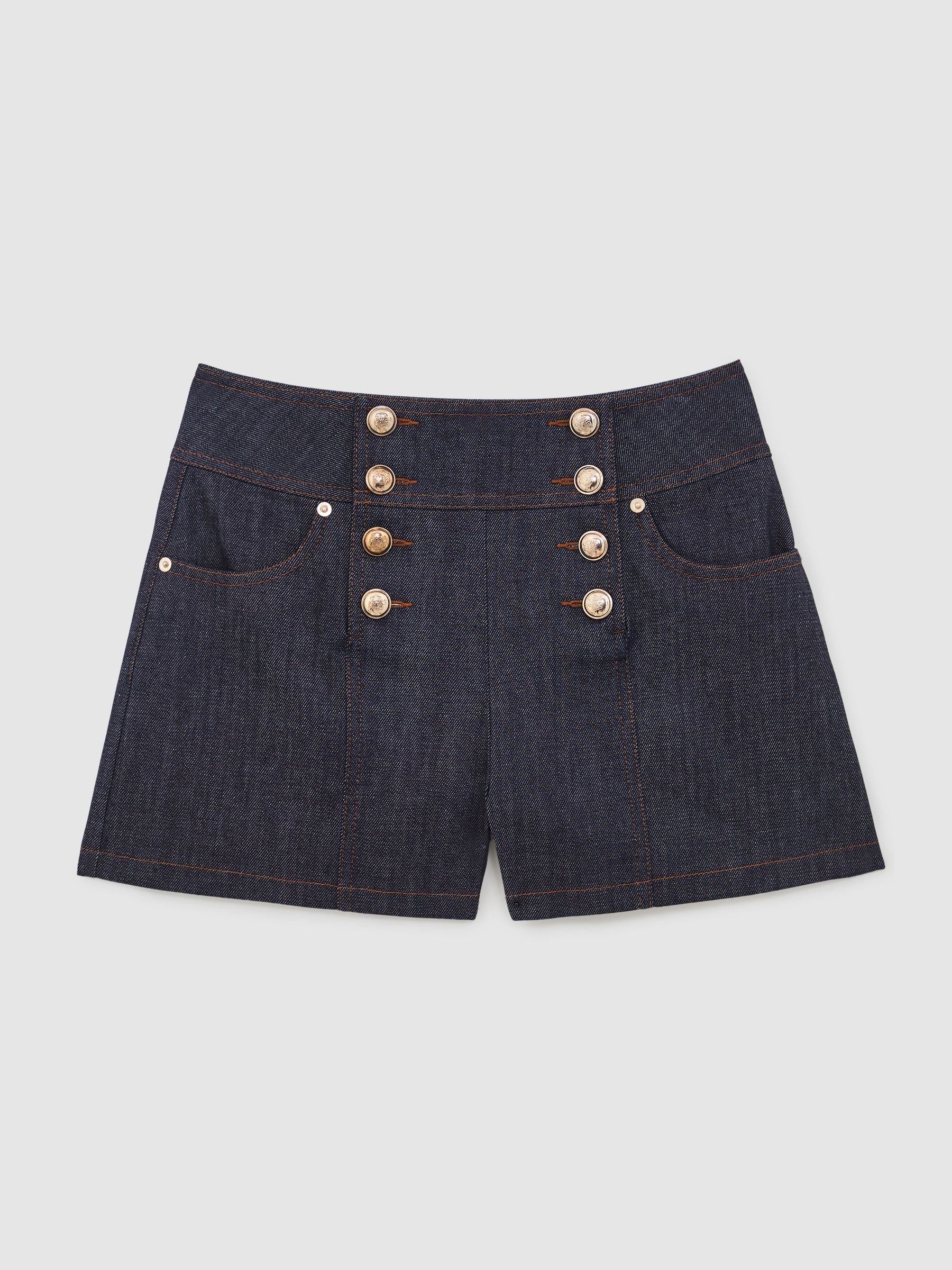 Button-Detail Denim Shorts in Dark Blue - Image 2 of 6