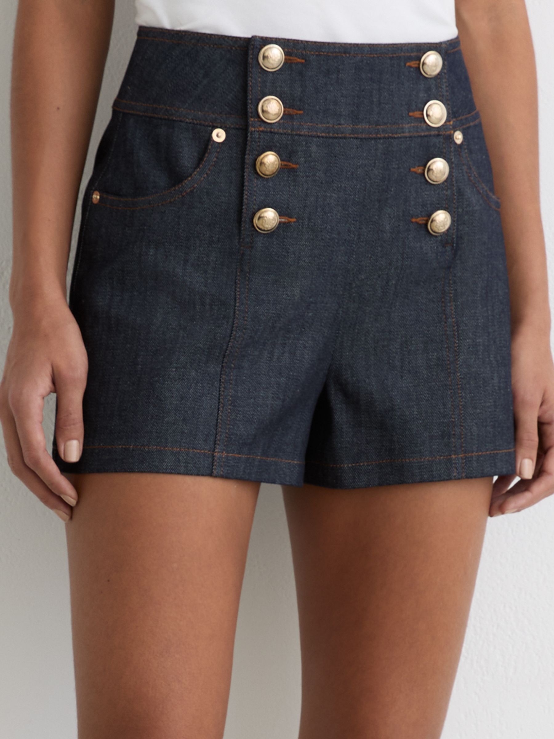 Button-Detail Denim Shorts in Dark Blue - Image 3 of 6