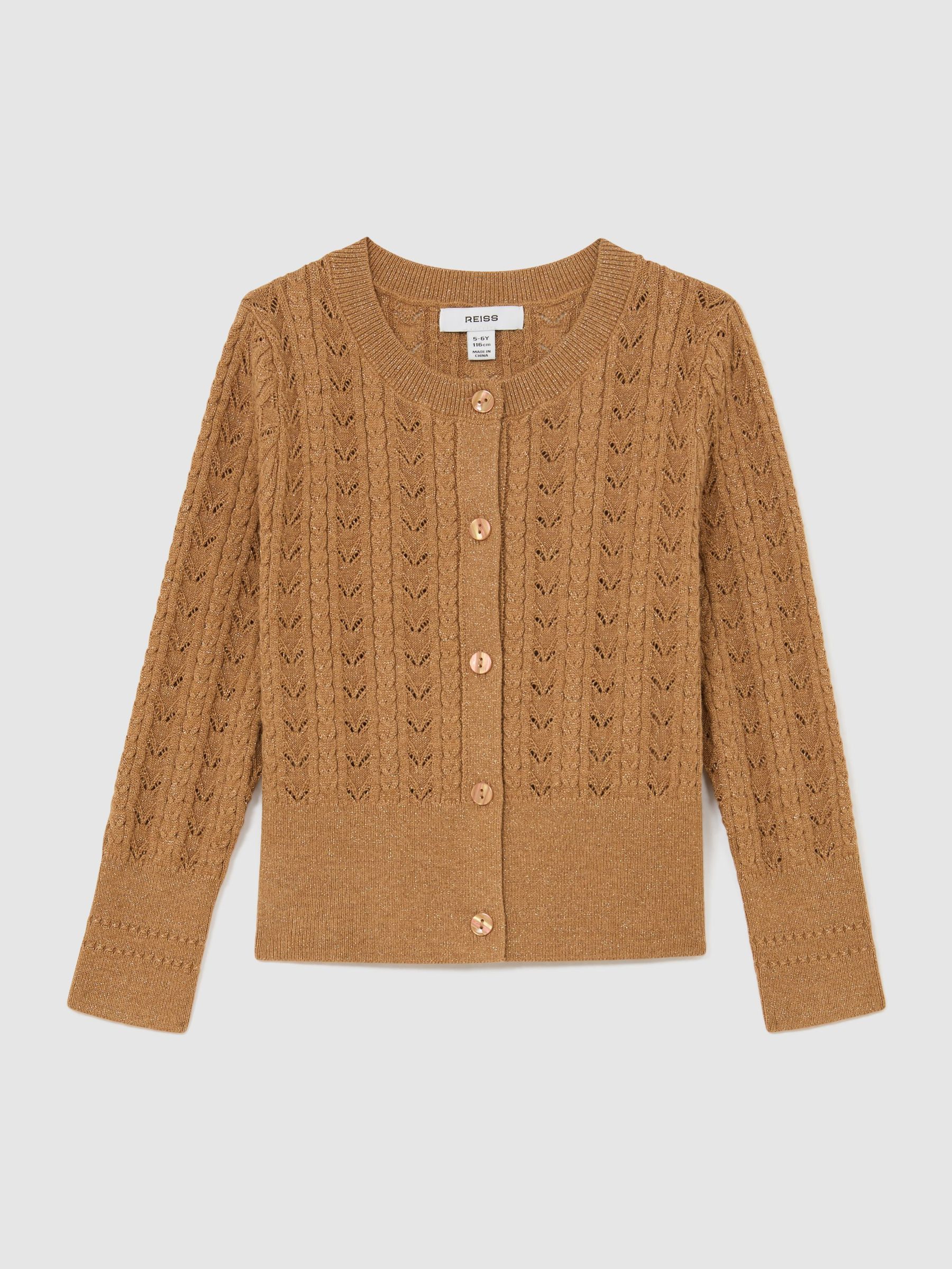Cotton And Wool Blend Pointelle Cardigan in Bronze - Image 1 of 3