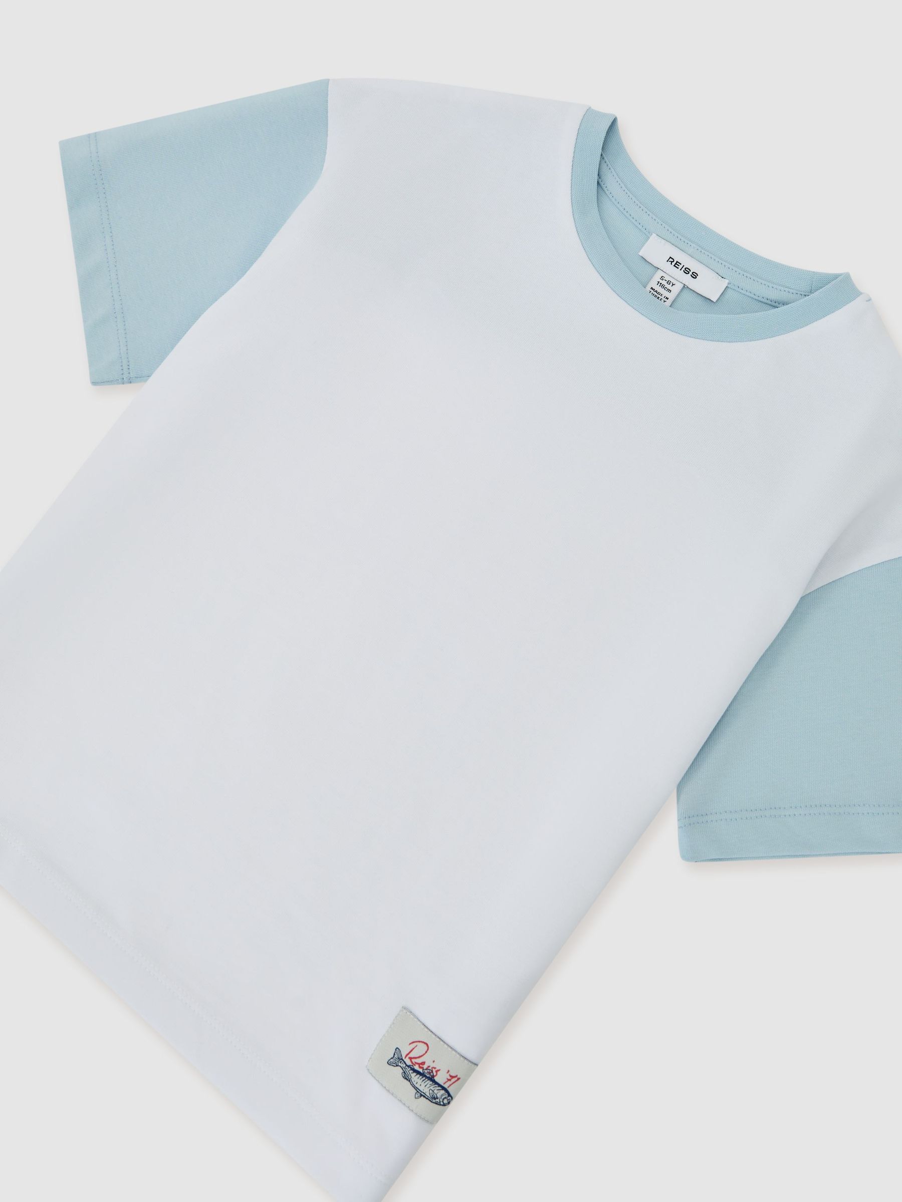 13-14 yrs Cotton Colour-Block Label T-Shirt in White/Pale Blue - Image 1 of 4