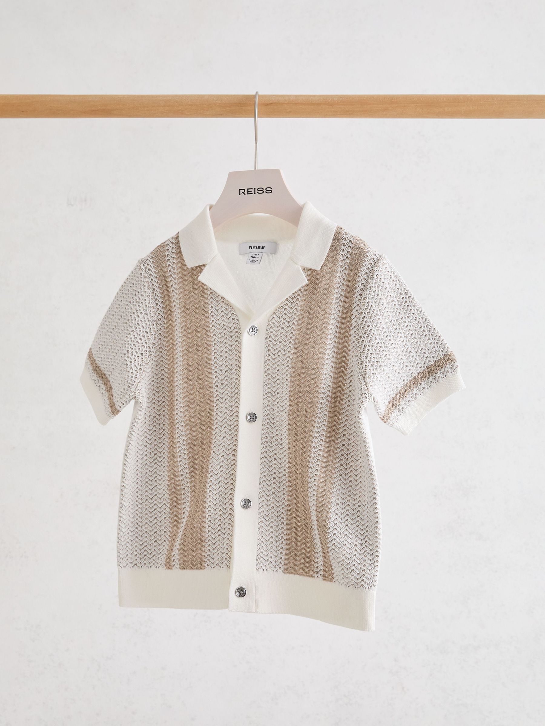 13-14 yrs Cotton Textured-Knit Striped Shirt in Off White/Light Camel - Image 2 of 3
