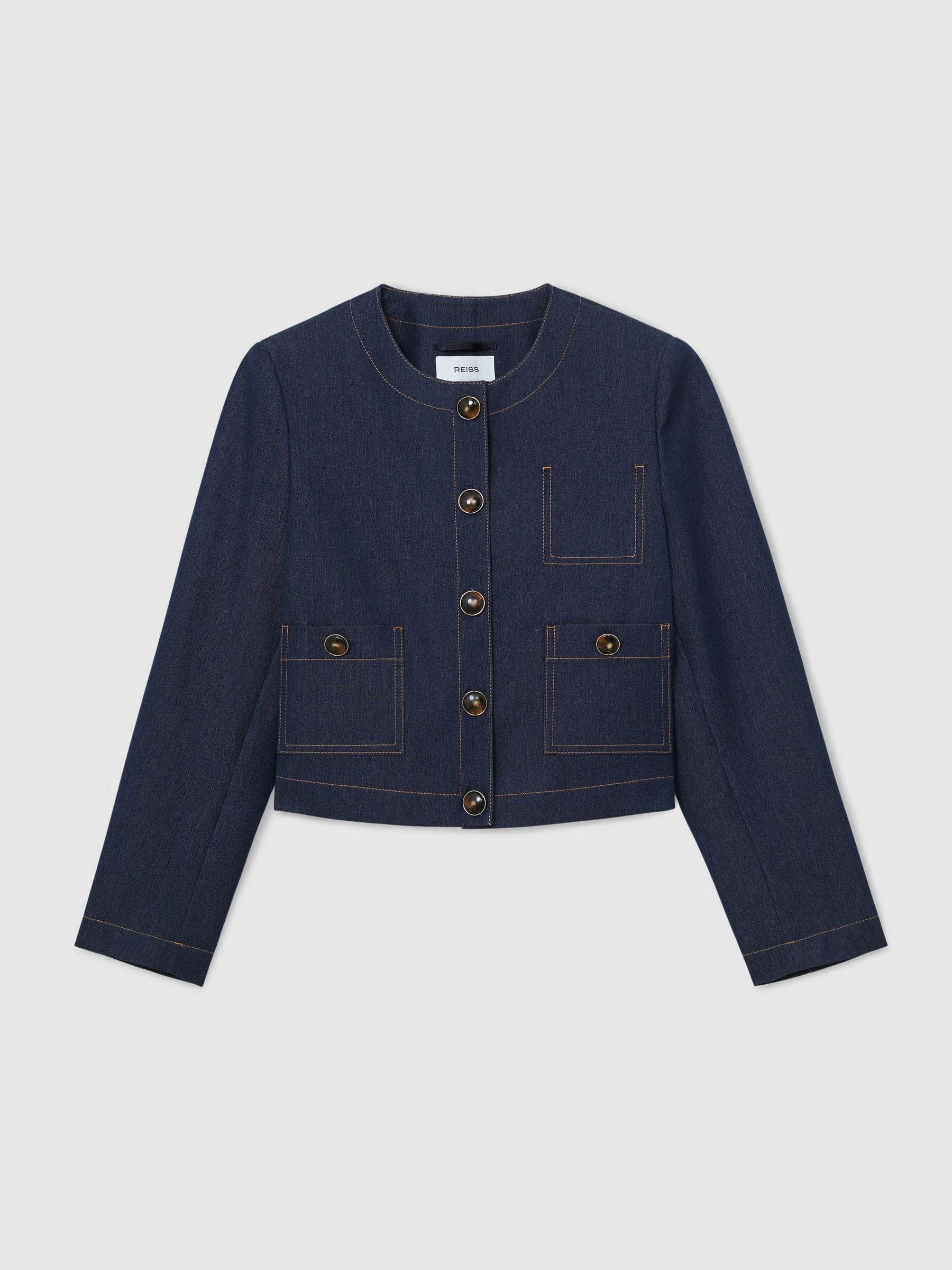 Collarless Denim-Look Cropped Jacket in Dark Blue - image 1