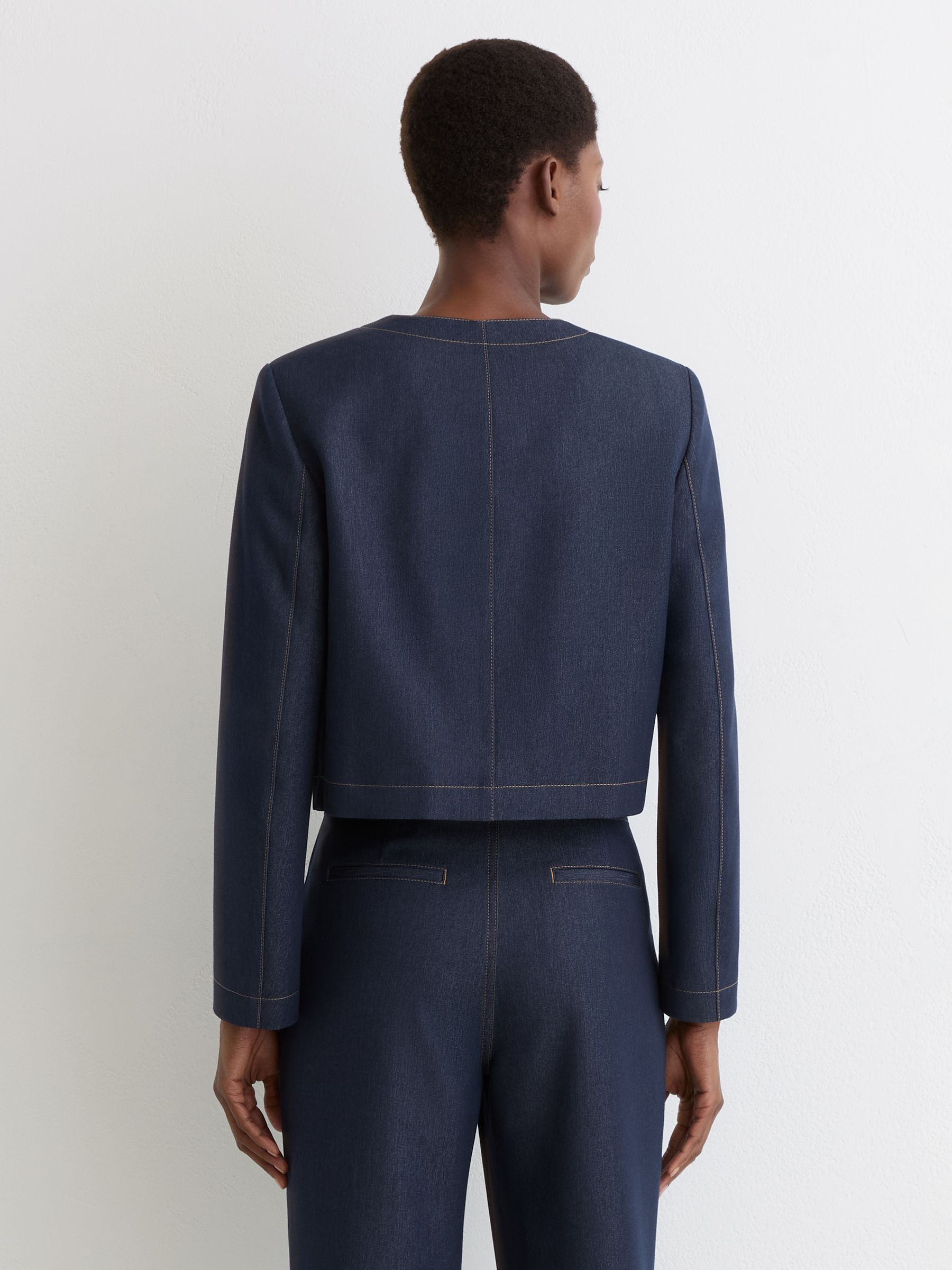 Collarless Denim-Look Cropped Jacket in Dark Blue - image 5