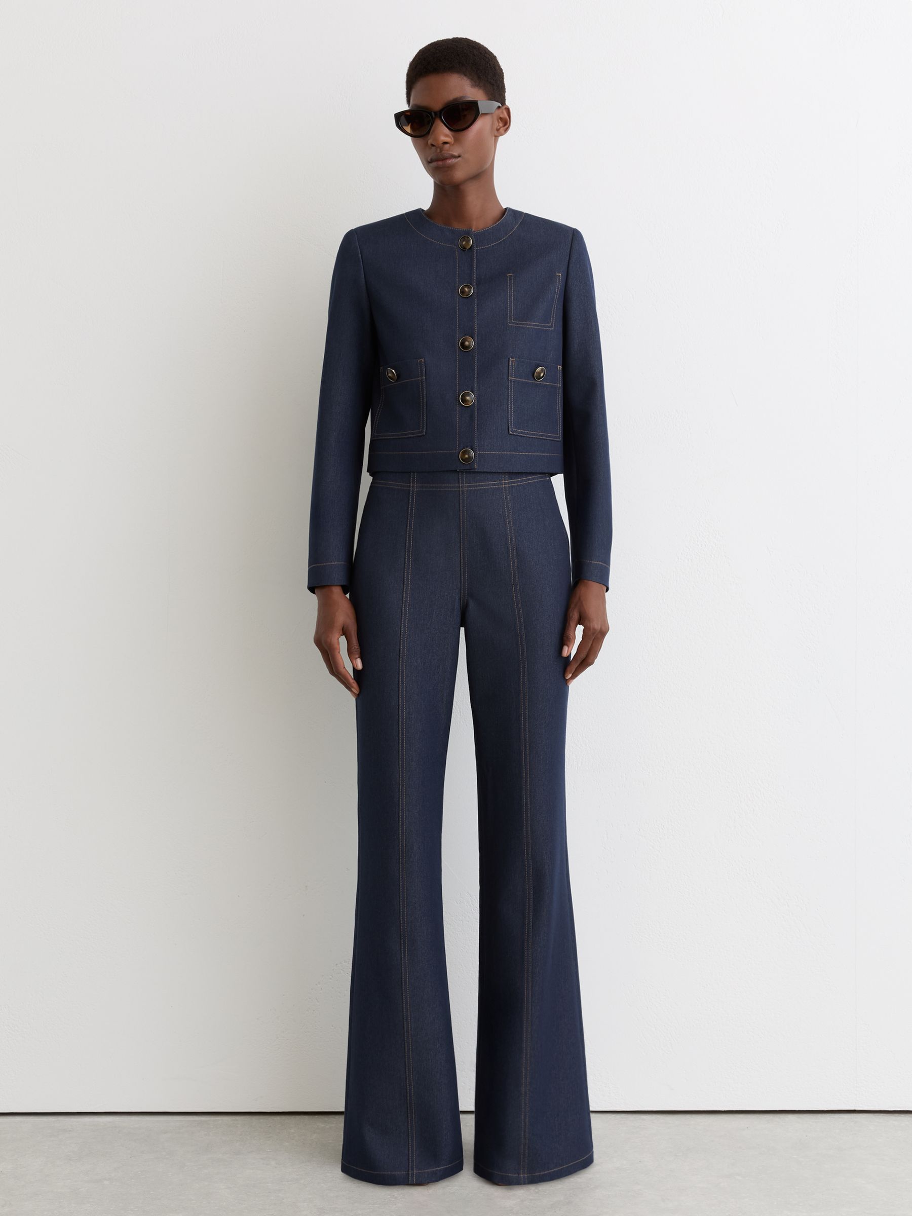 Collarless Denim-Look Cropped Jacket in Dark Blue - image 4