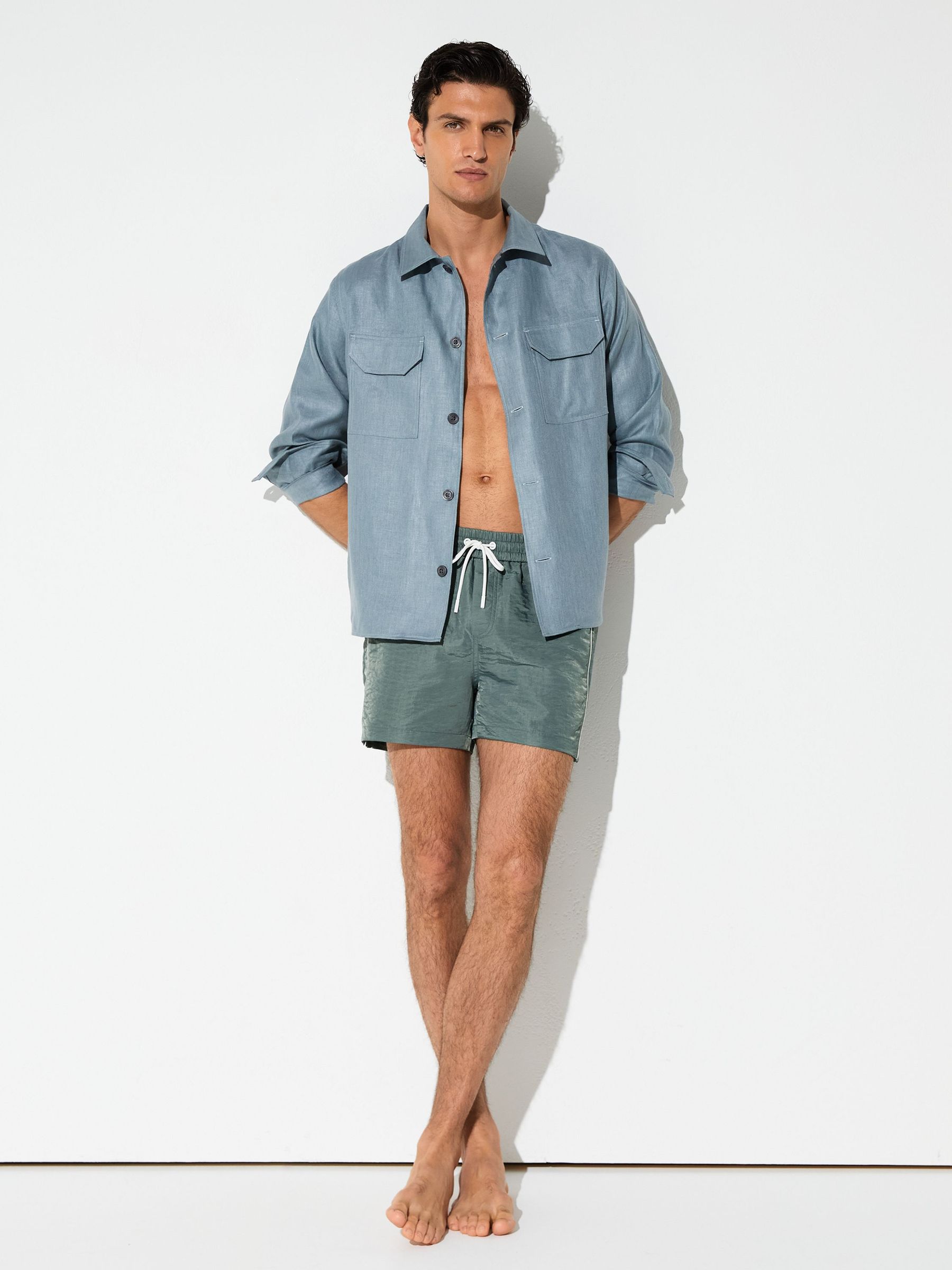 Piped Drawstring Swim Shorts in Sage Green - Image 1 of 7