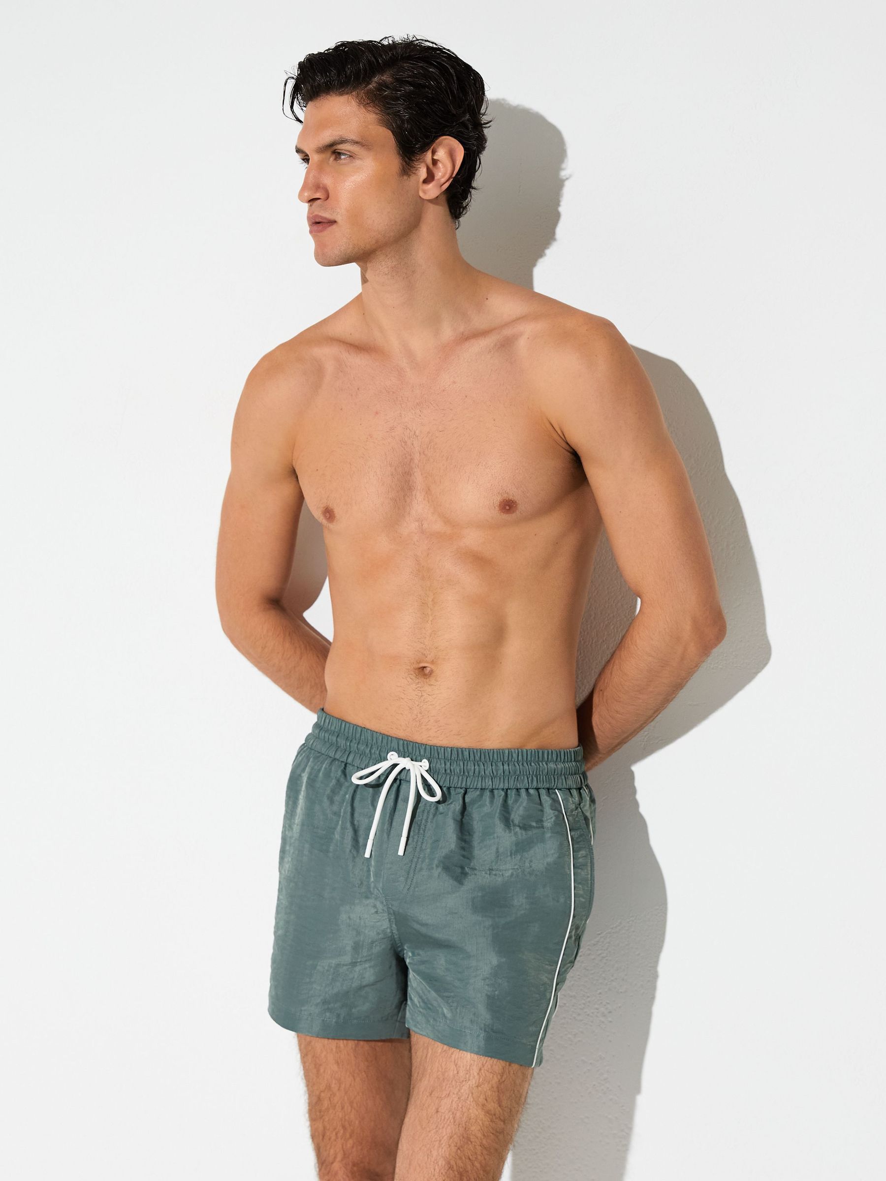 Piped Drawstring Swim Shorts in Sage Green - Image 4 of 7