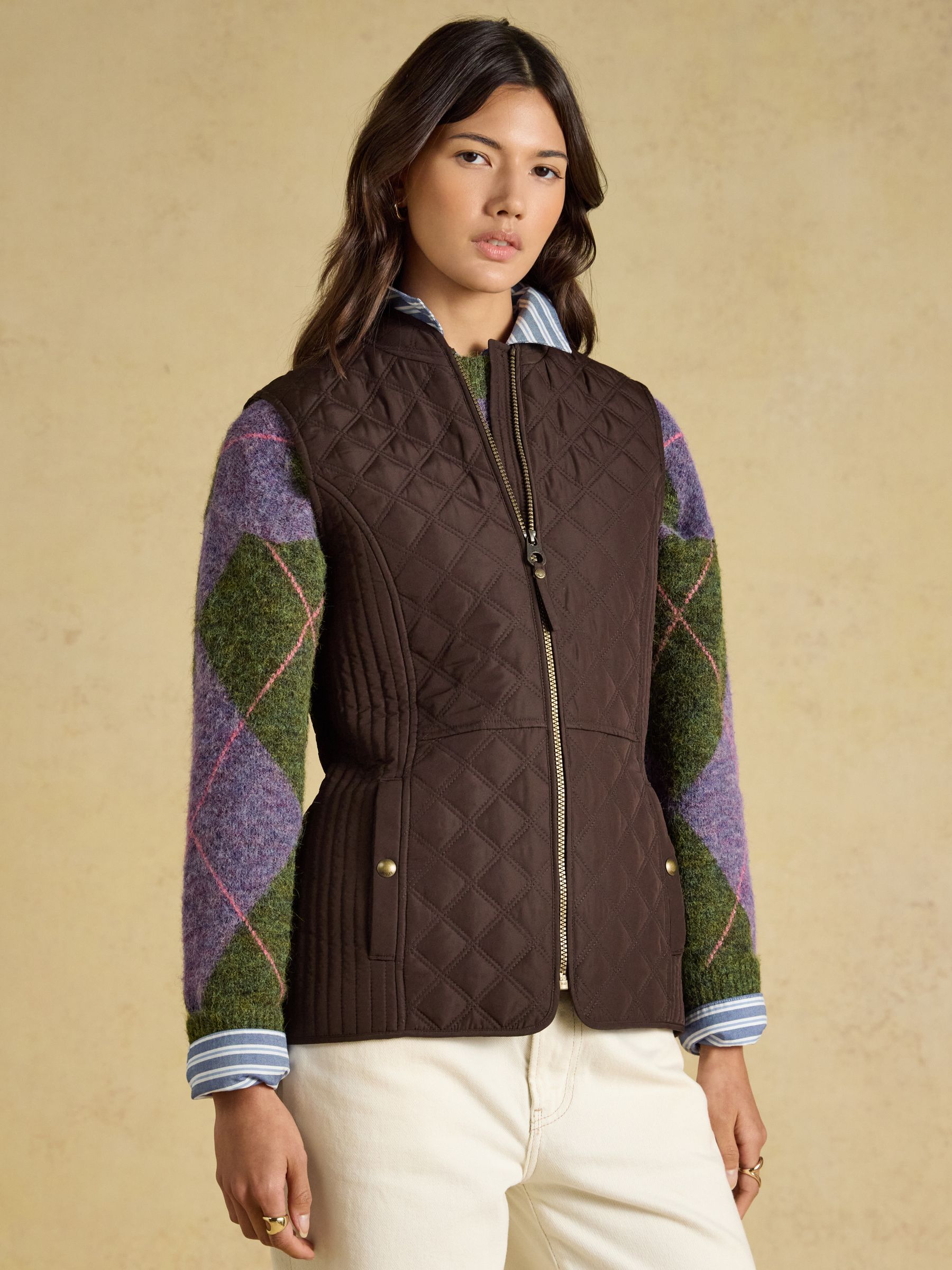 Minx Chocolate Brown Showerproof Diamond Quilted Gilet - Image 1 of 8