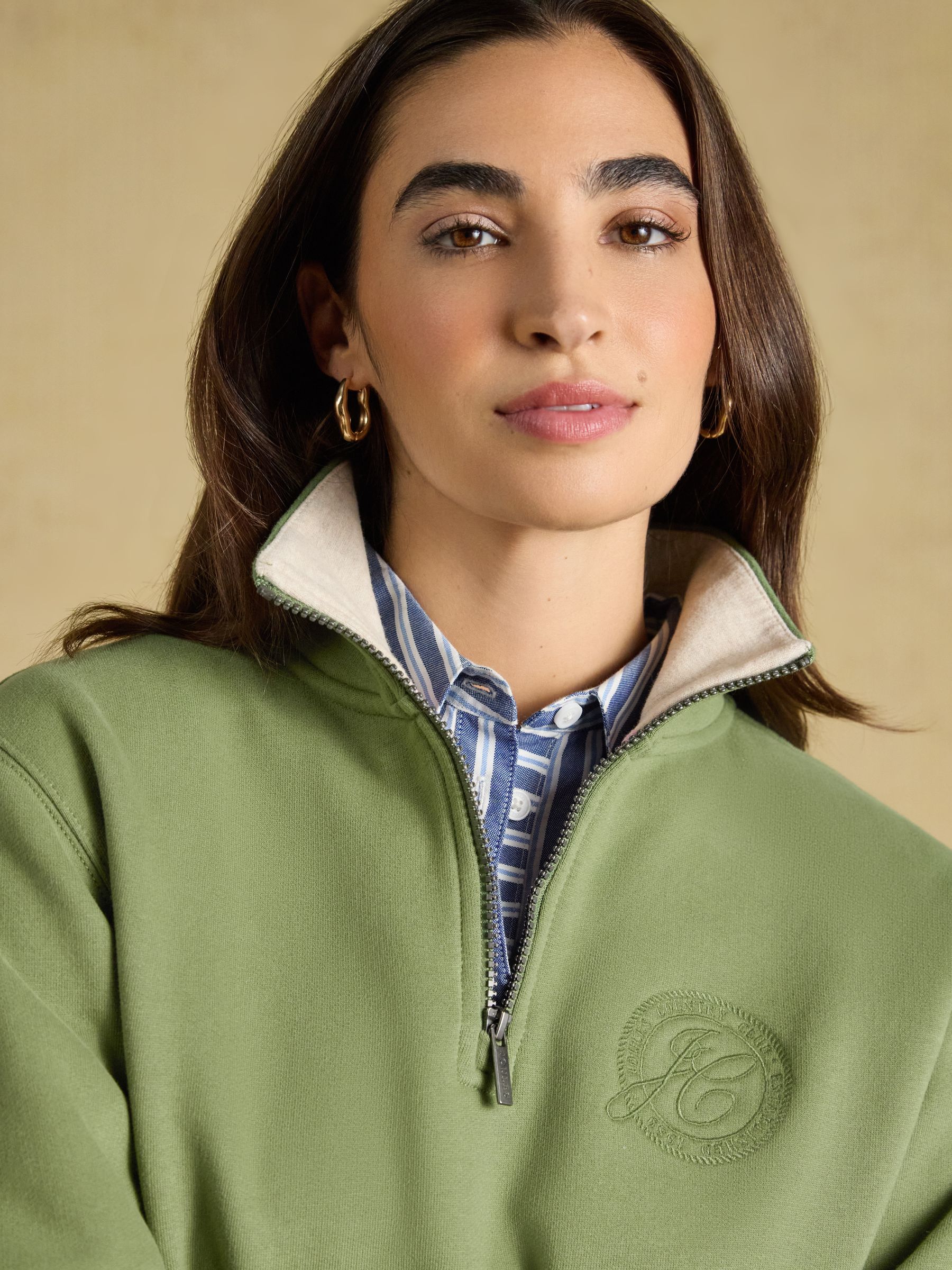 Olive Green Brushed Cotton Blend Embroidered Quarter Zip Sweatshirt - Image 3 of 8