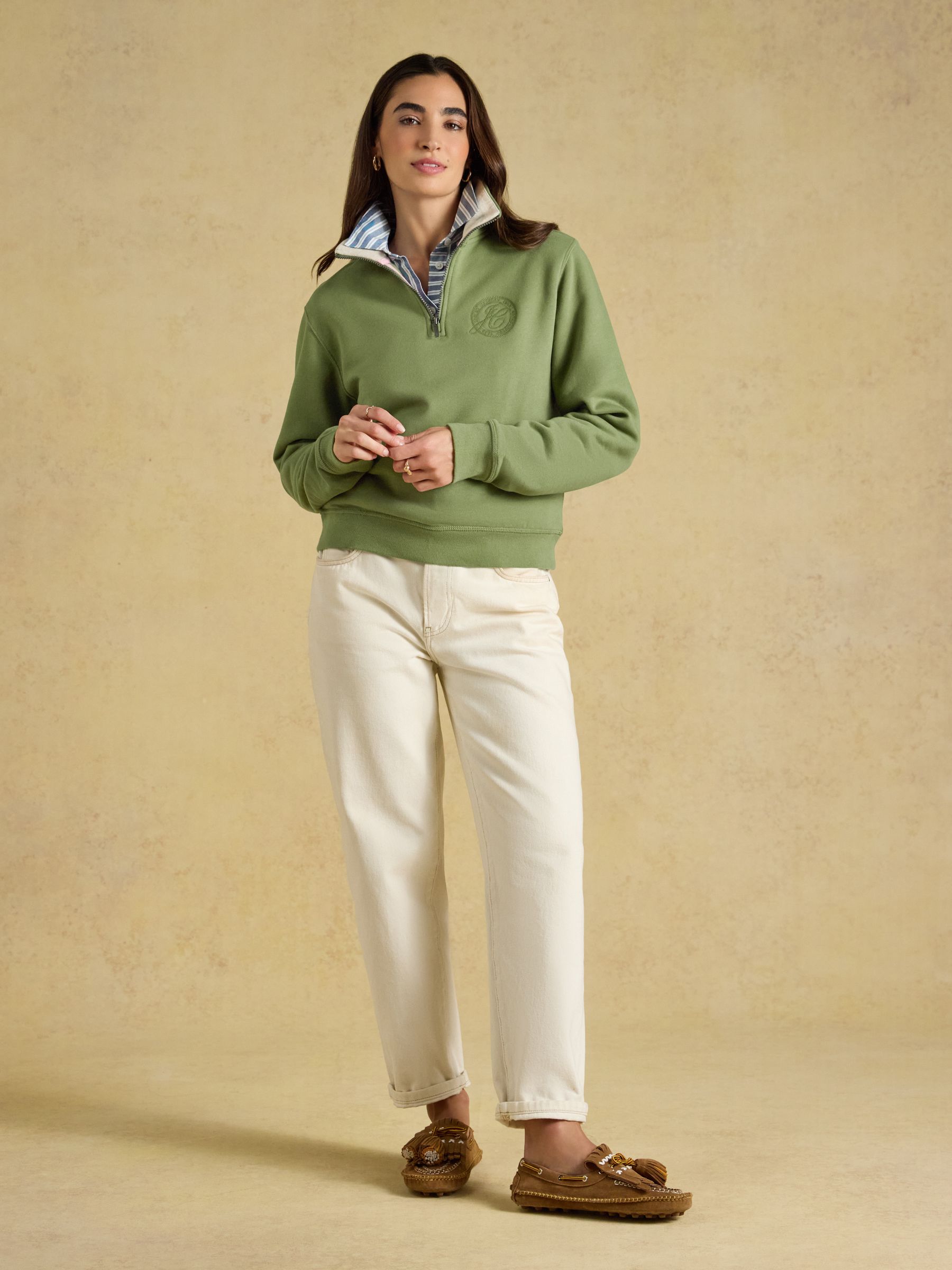 Olive Green Brushed Cotton Blend Embroidered Quarter Zip Sweatshirt - Image 4 of 8