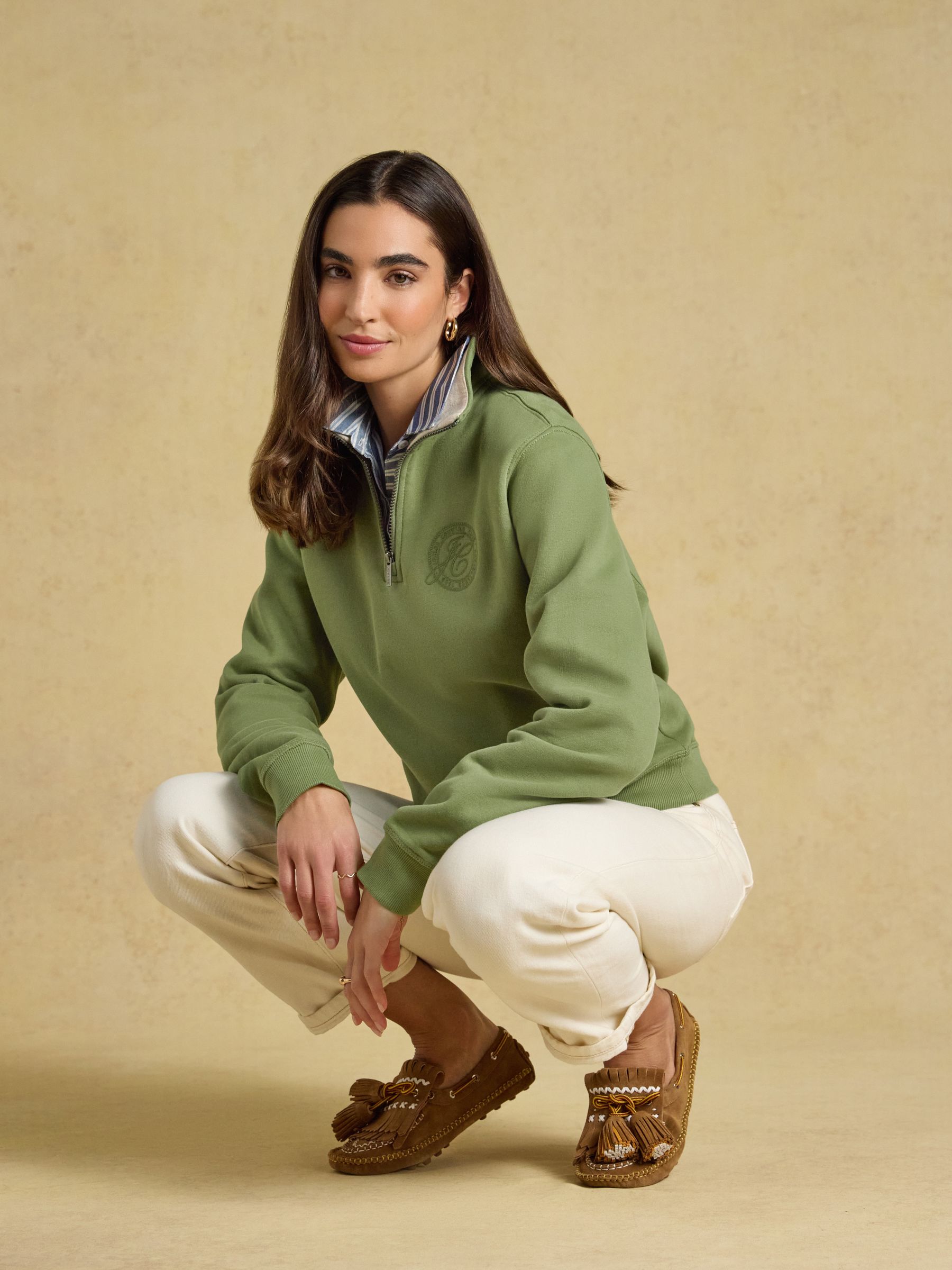 Olive Green Brushed Cotton Blend Embroidered Quarter Zip Sweatshirt - Image 7 of 8