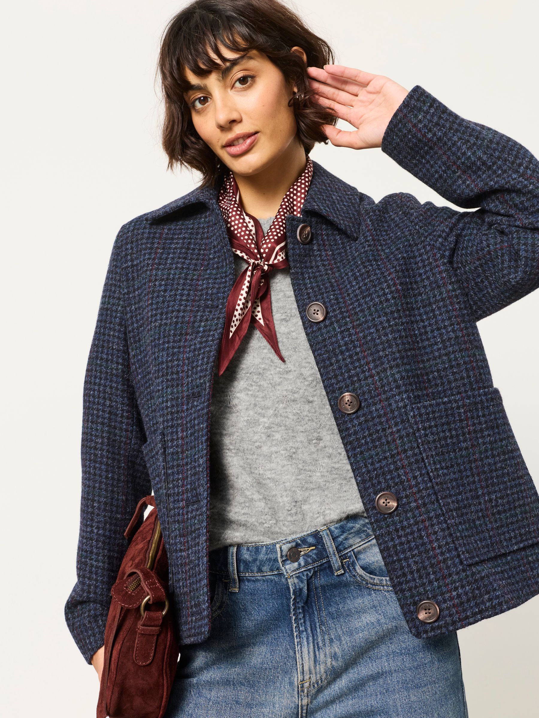 Maye Moons Navy 100% Wool Short Check Jacket | FatFace USA