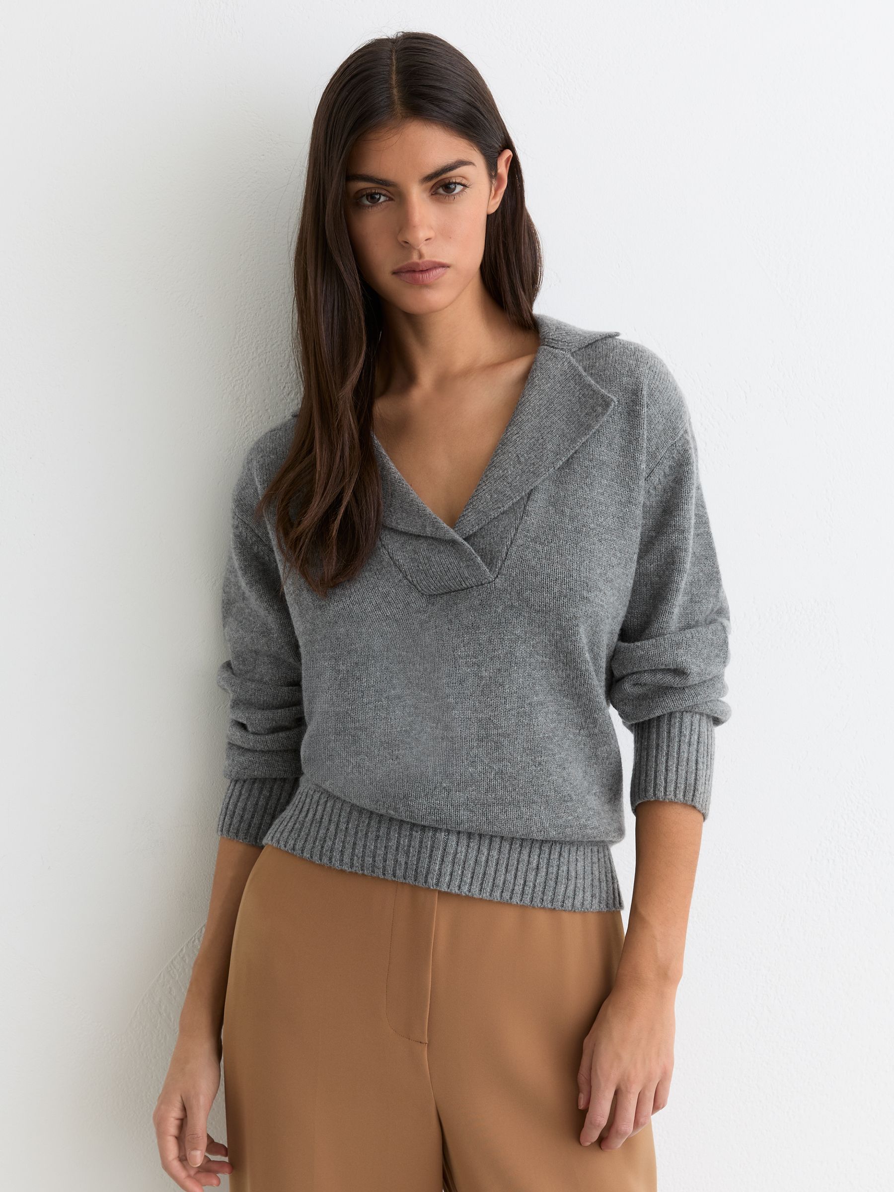 Wool-Cashmere Collared Knit Jumper in Grey Marl - Image 1 of 6 Wool-Cashmere Collared Knit Jumper in Grey Marl - Image 1 of 6