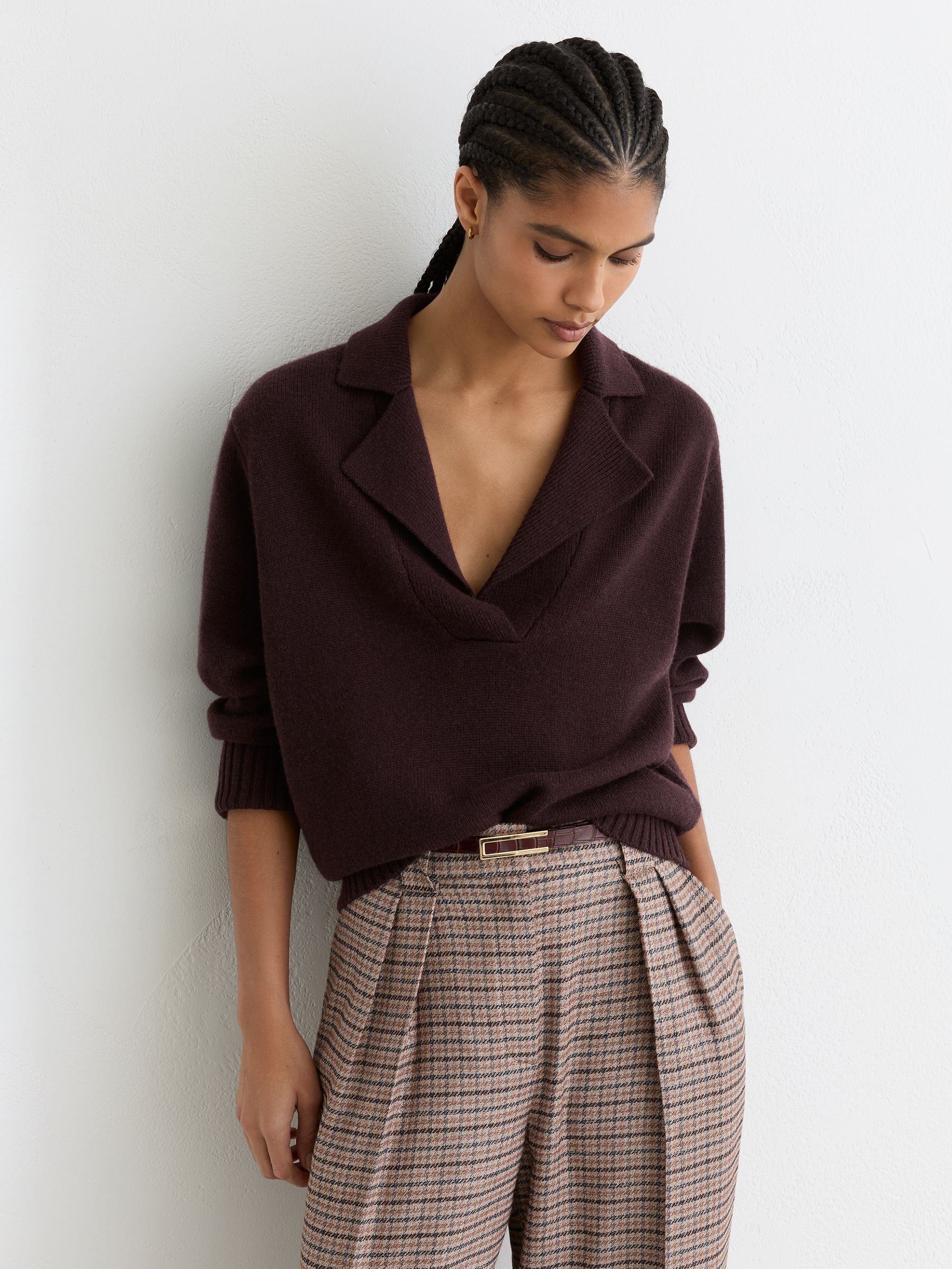 Reiss Wool Cashmere Collared Knit Jumper In Plum Purple REISS Reiss Wool Cashmere Collared Knit Jumper In Plum Purple REISS