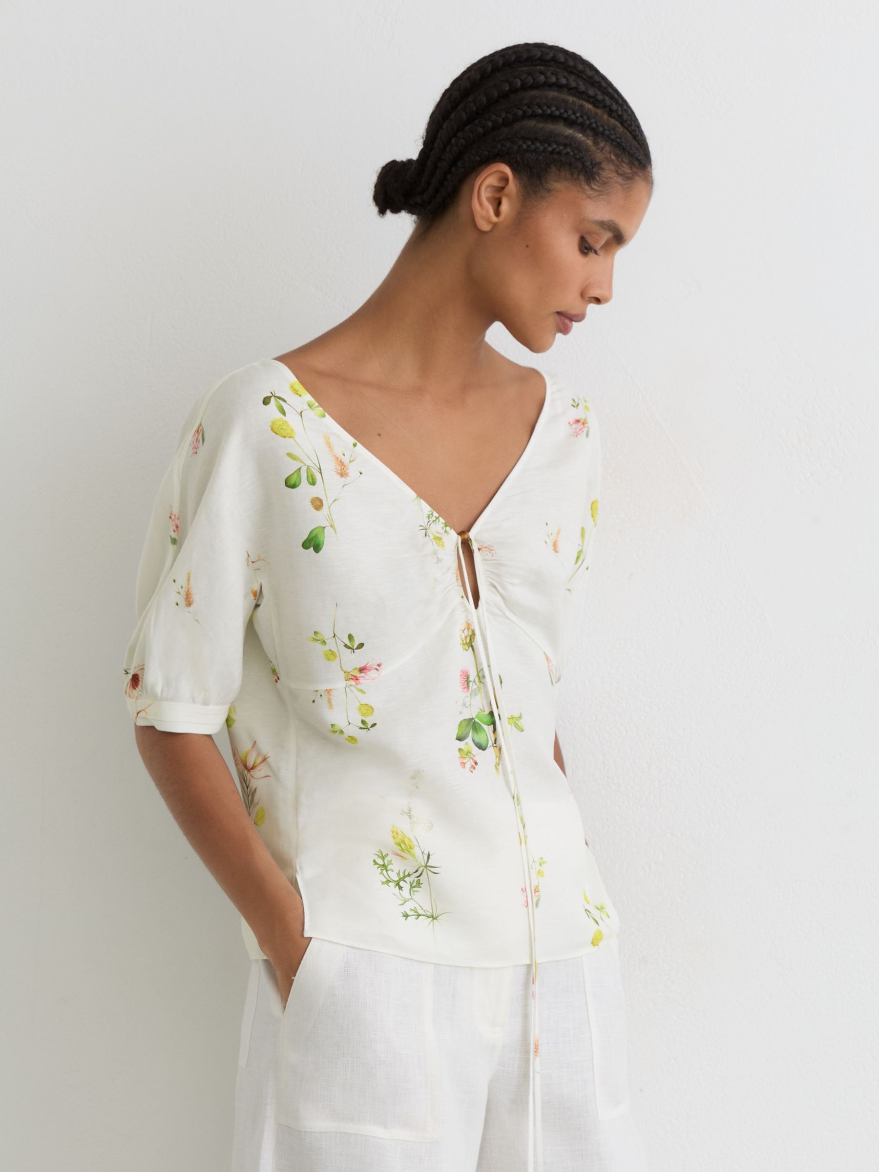 Linen-Blend Floral-Print Top in Ivory - Image 1 of 6