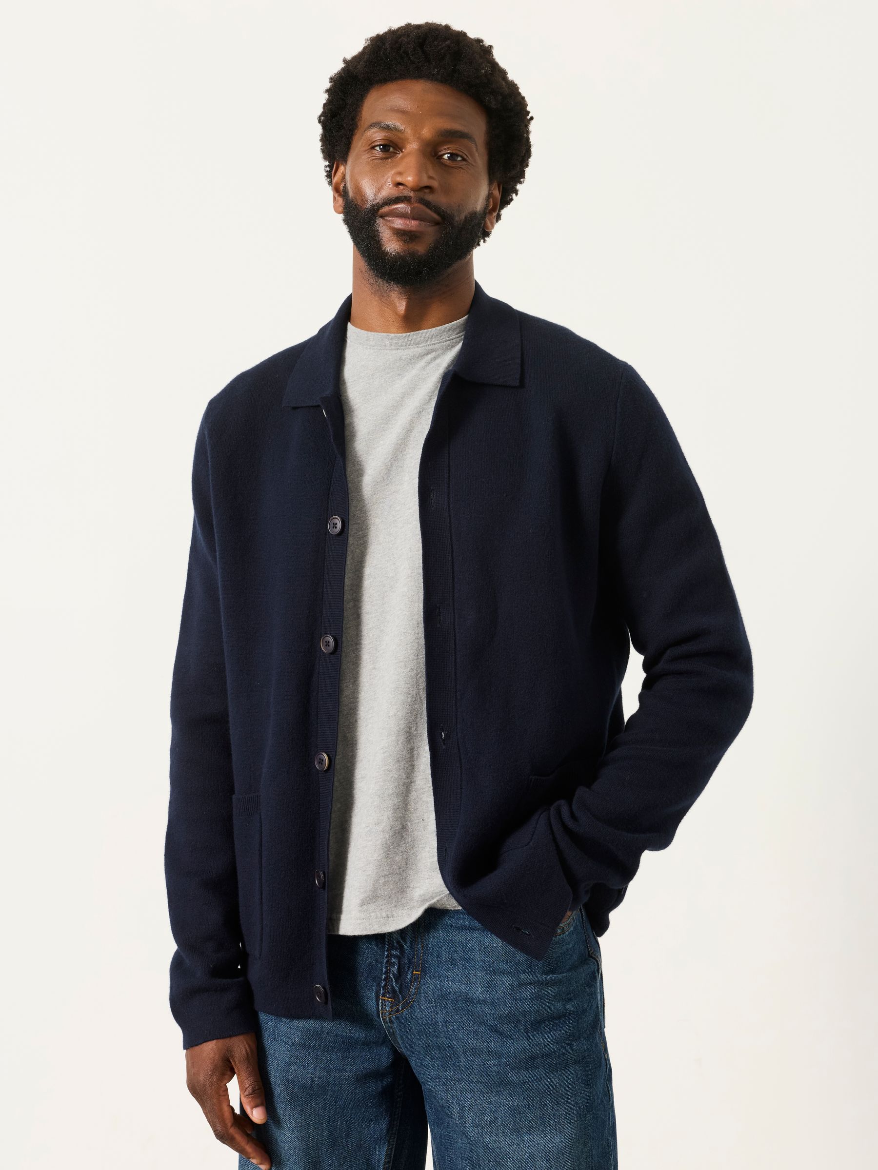 Kieran Navy Knitted Collared Button Front Cardigan - Image 2 of 6