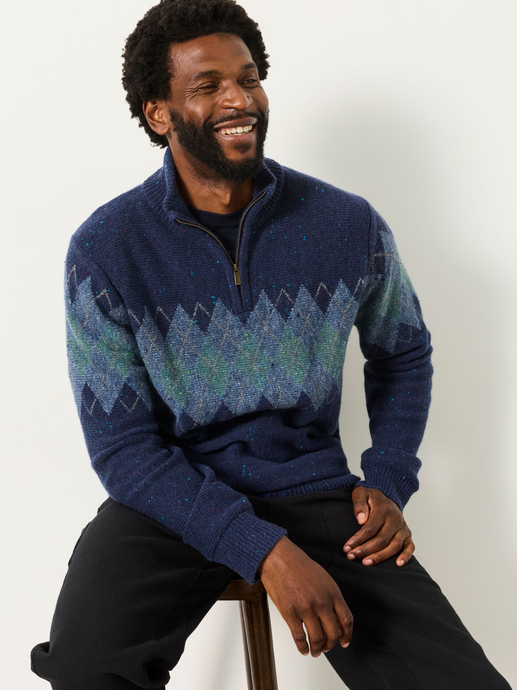 Argyle Navy Quarter Zip Knitted Jumper - Image 3 of 4