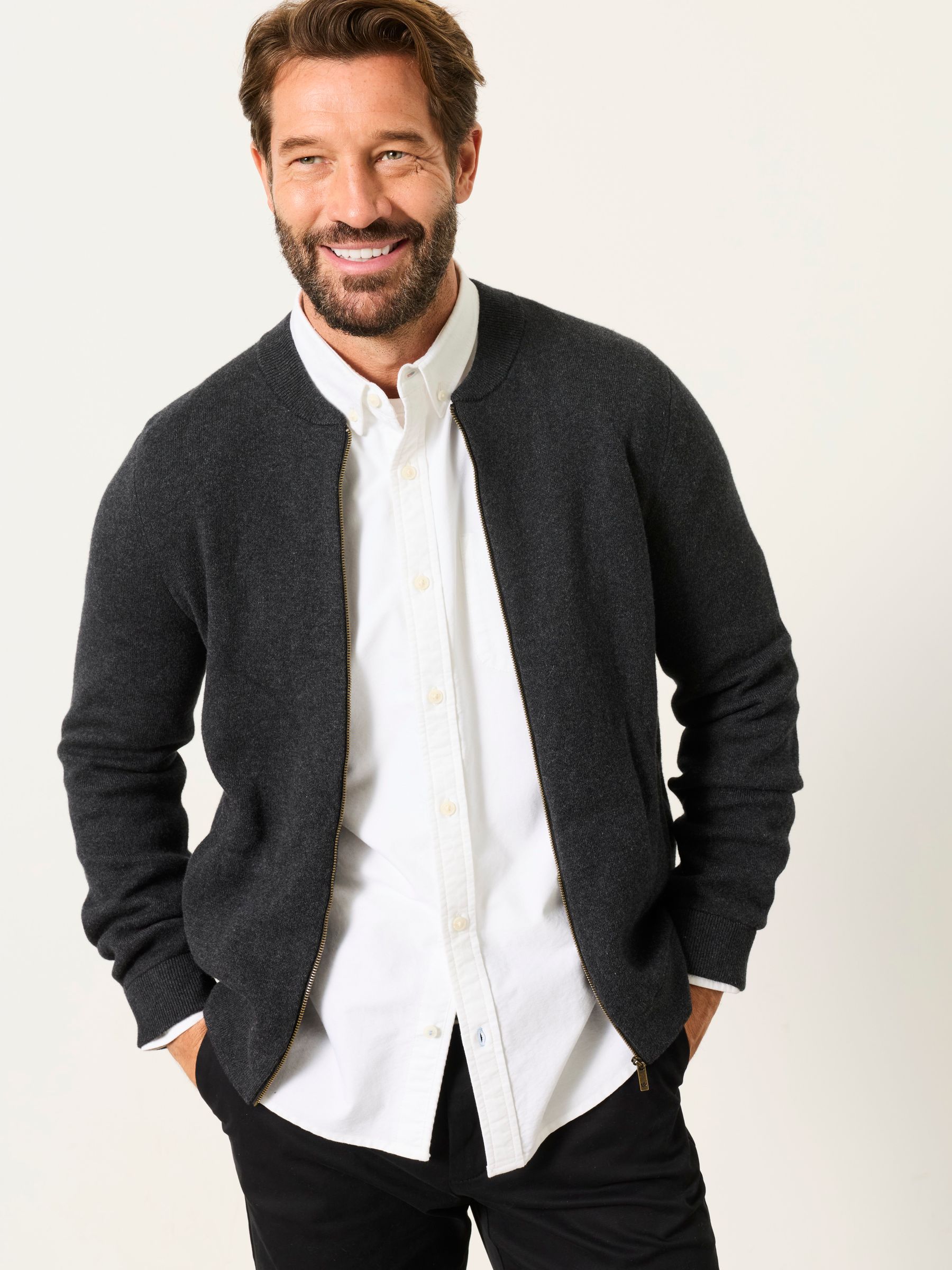 Ashurst Charcoal Grey Knitted Zip Front Bomber Jacket - Image 1 of 5