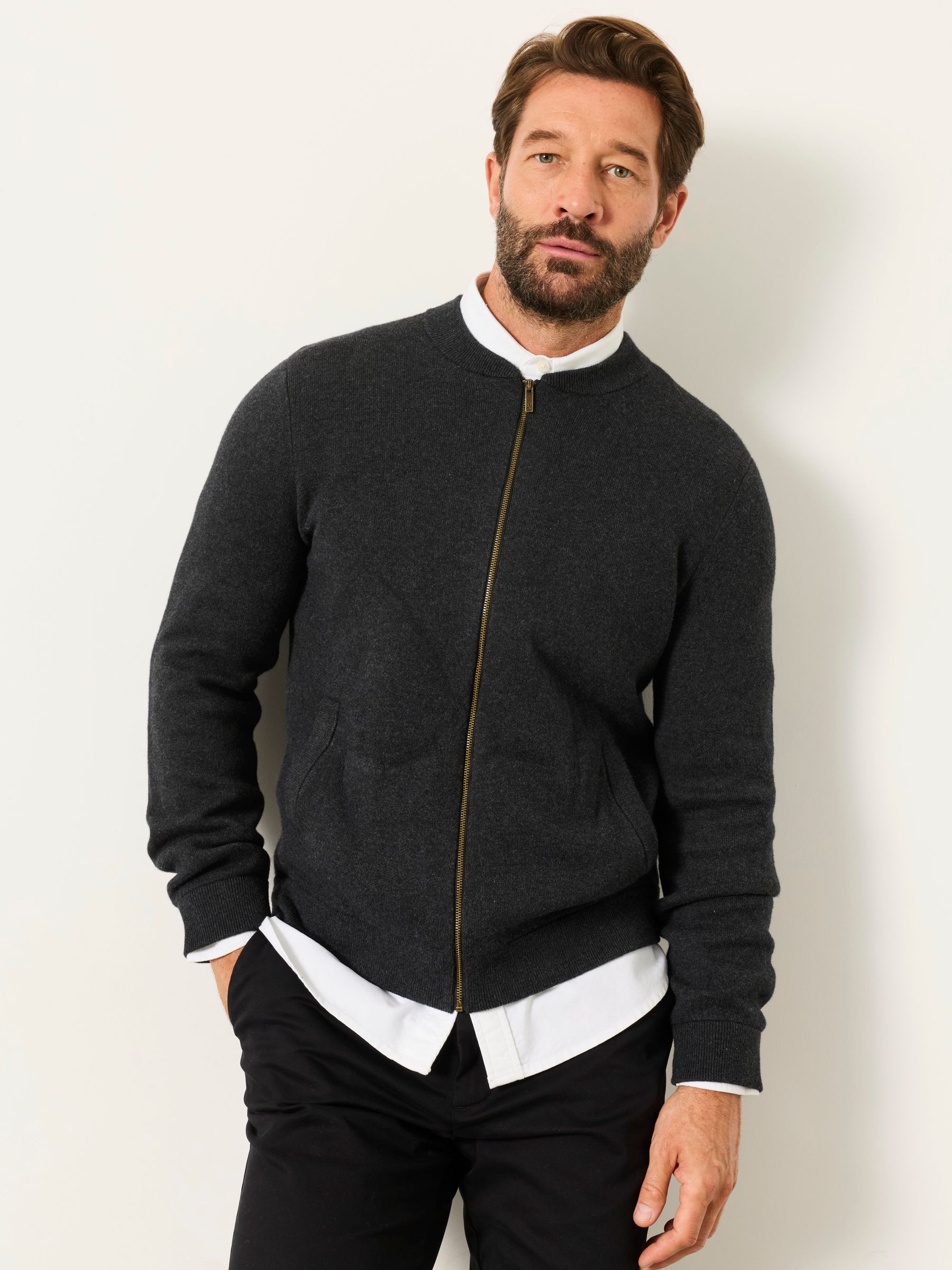 Ashurst Charcoal Grey Knitted Zip Front Bomber Jacket - Image 3 of 5