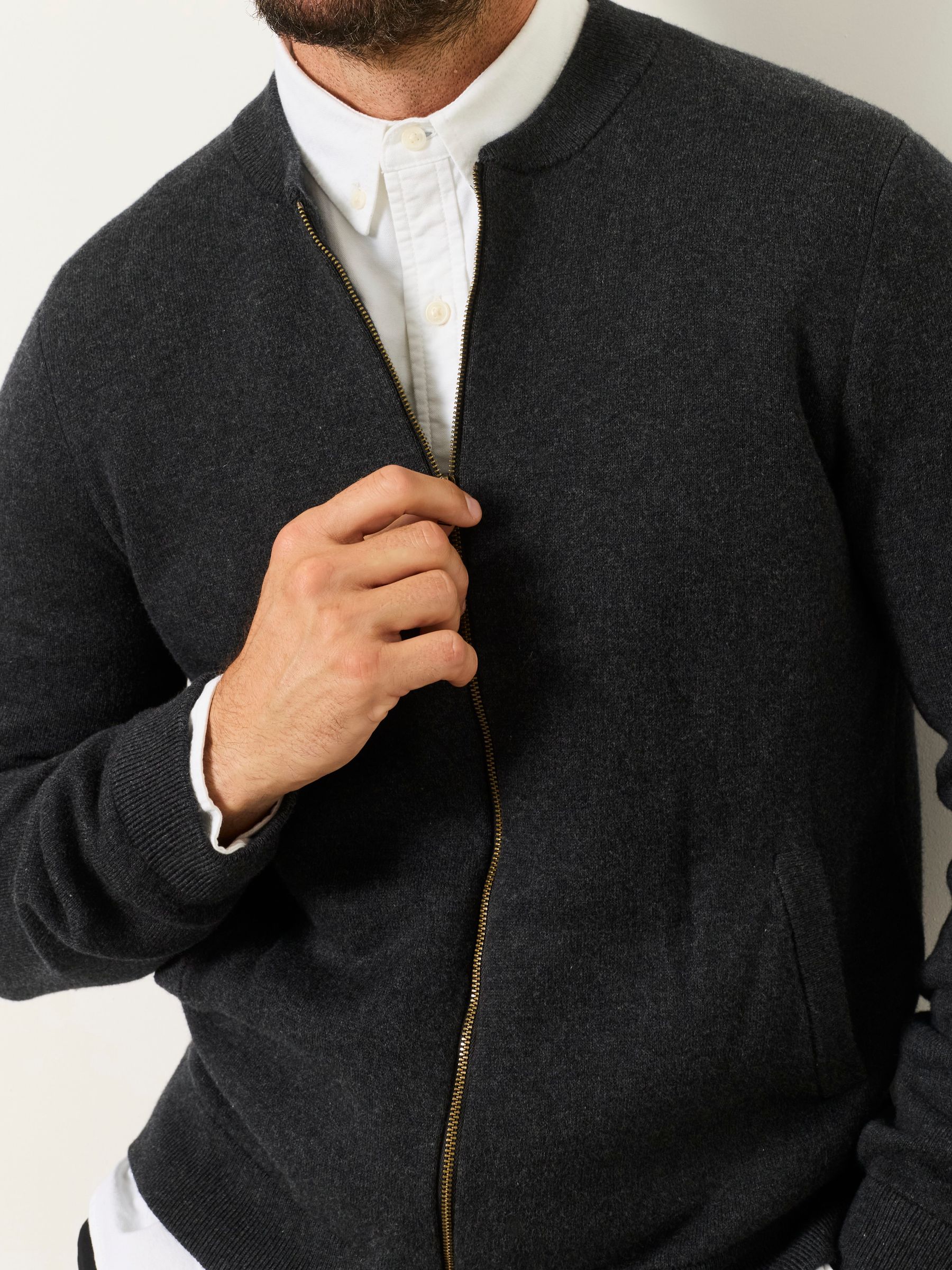 Ashurst Charcoal Grey Knitted Zip Front Bomber Jacket - Image 4 of 5