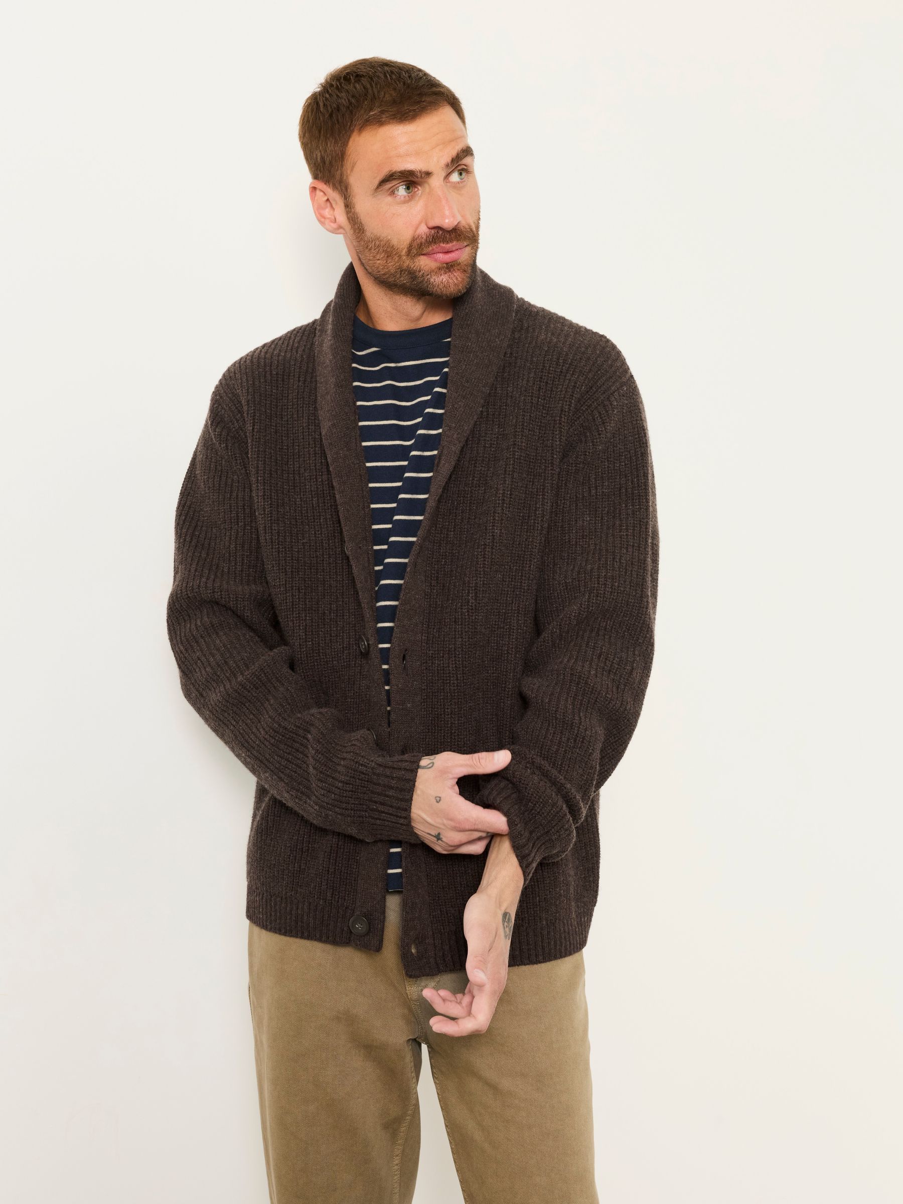 Ember Chocolate Brown Shawl Neck Knitted Cardigan - Image 1 of 5