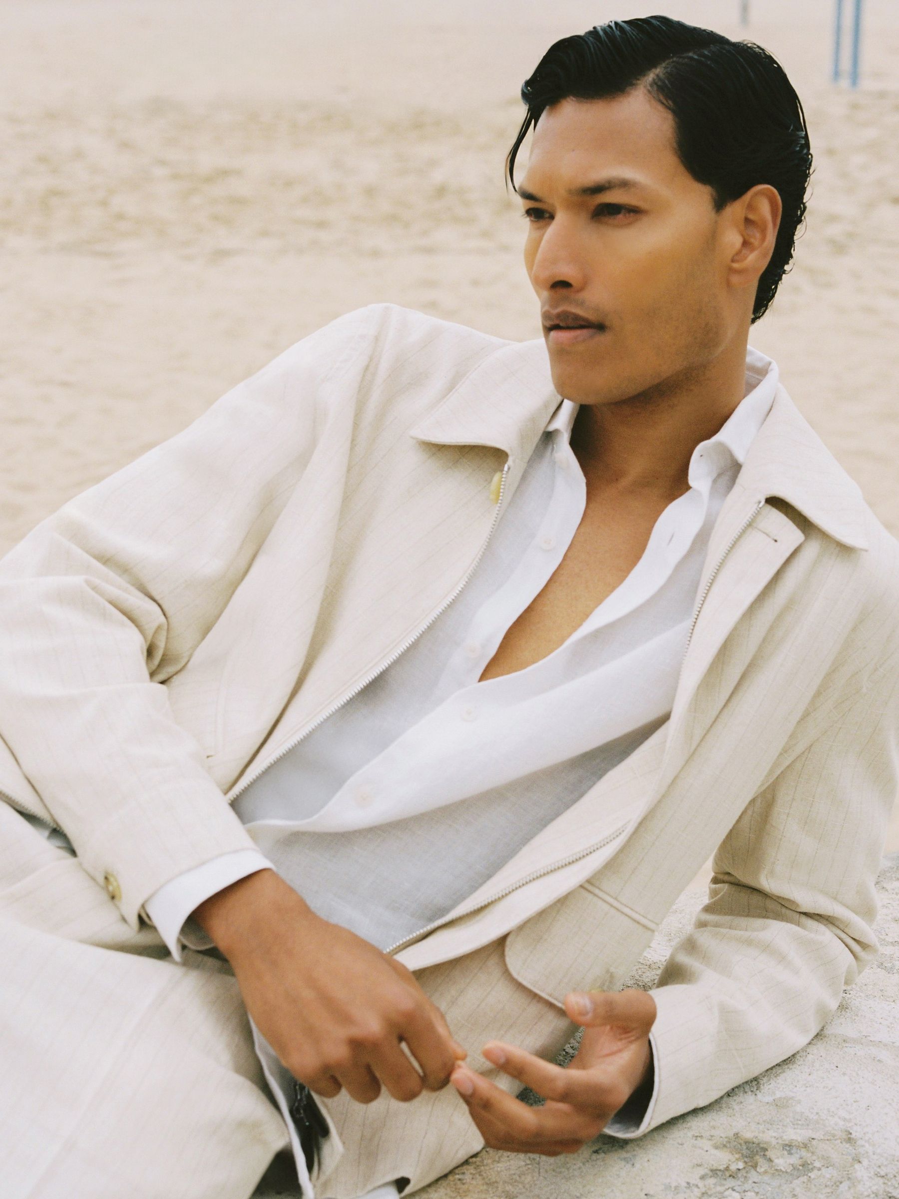 Pinstripe Flap-Pocket Jacket with Linen in Off White - image 3