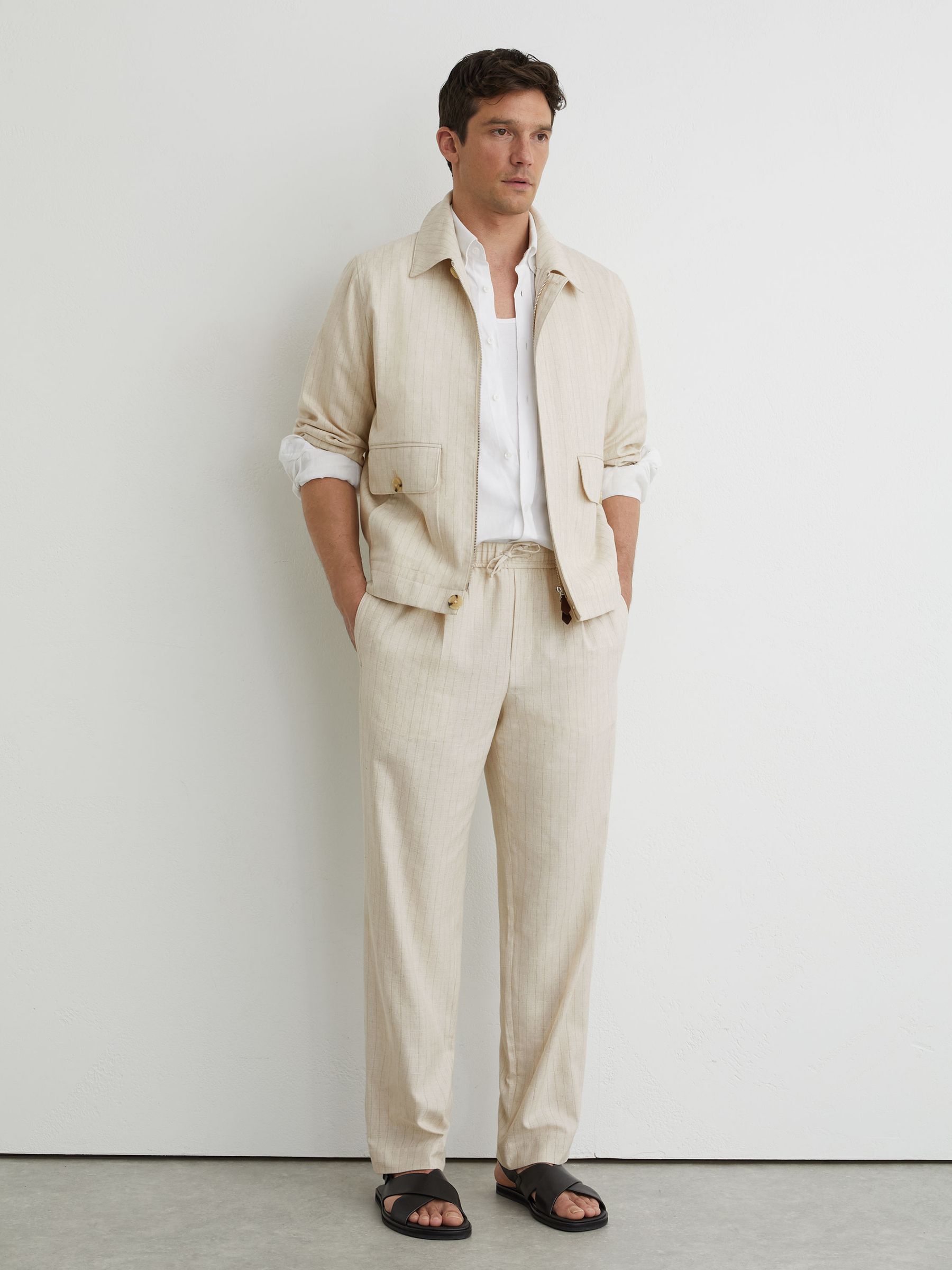Pinstripe Flap-Pocket Jacket with Linen in Off White - image 5