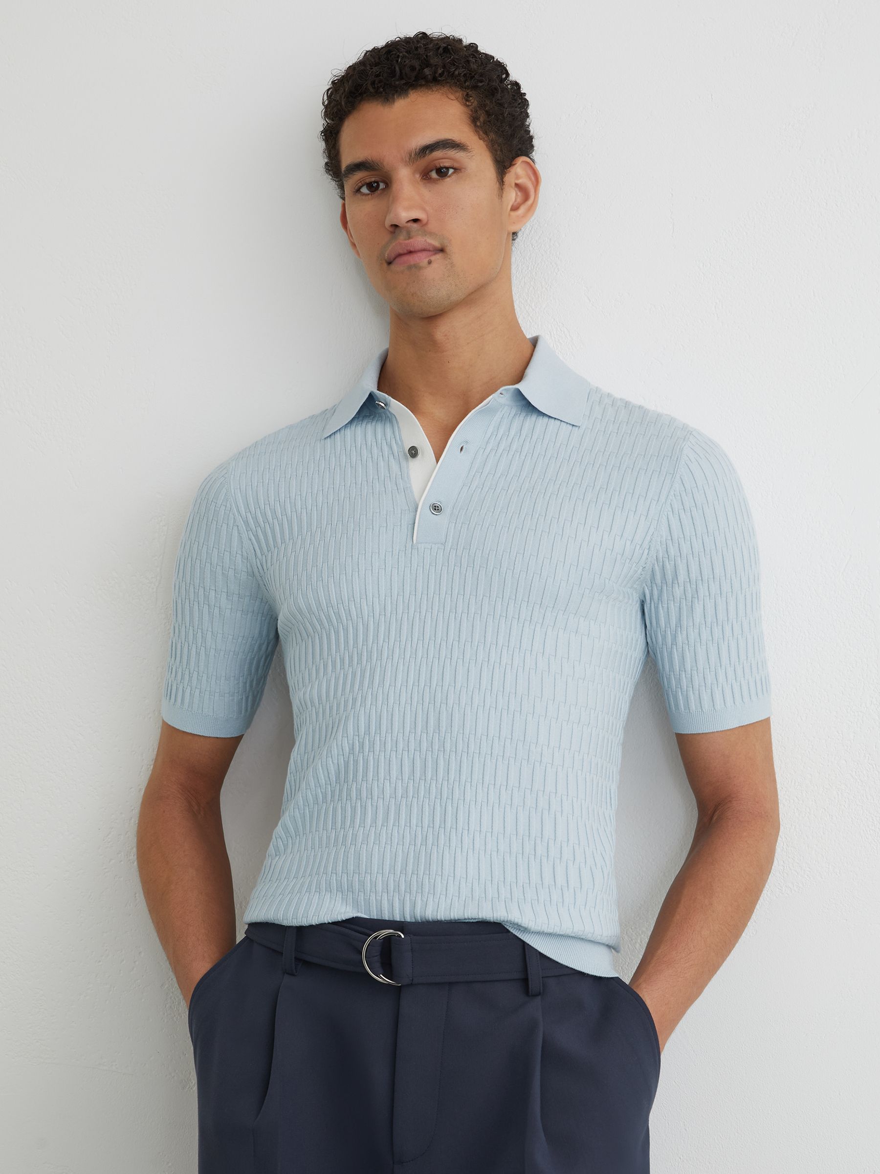 Textured-Knit Half-Button Polo Shirt in Soft Blue - Image 1 of 6
