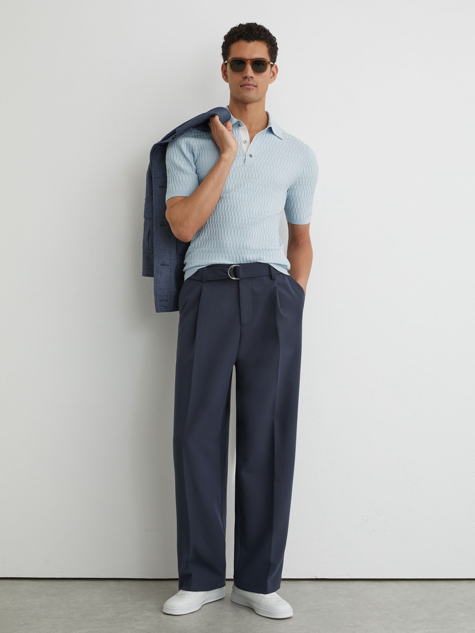 Textured-Knit Half-Button Polo Shirt in Soft Blue - Image 3 of 6