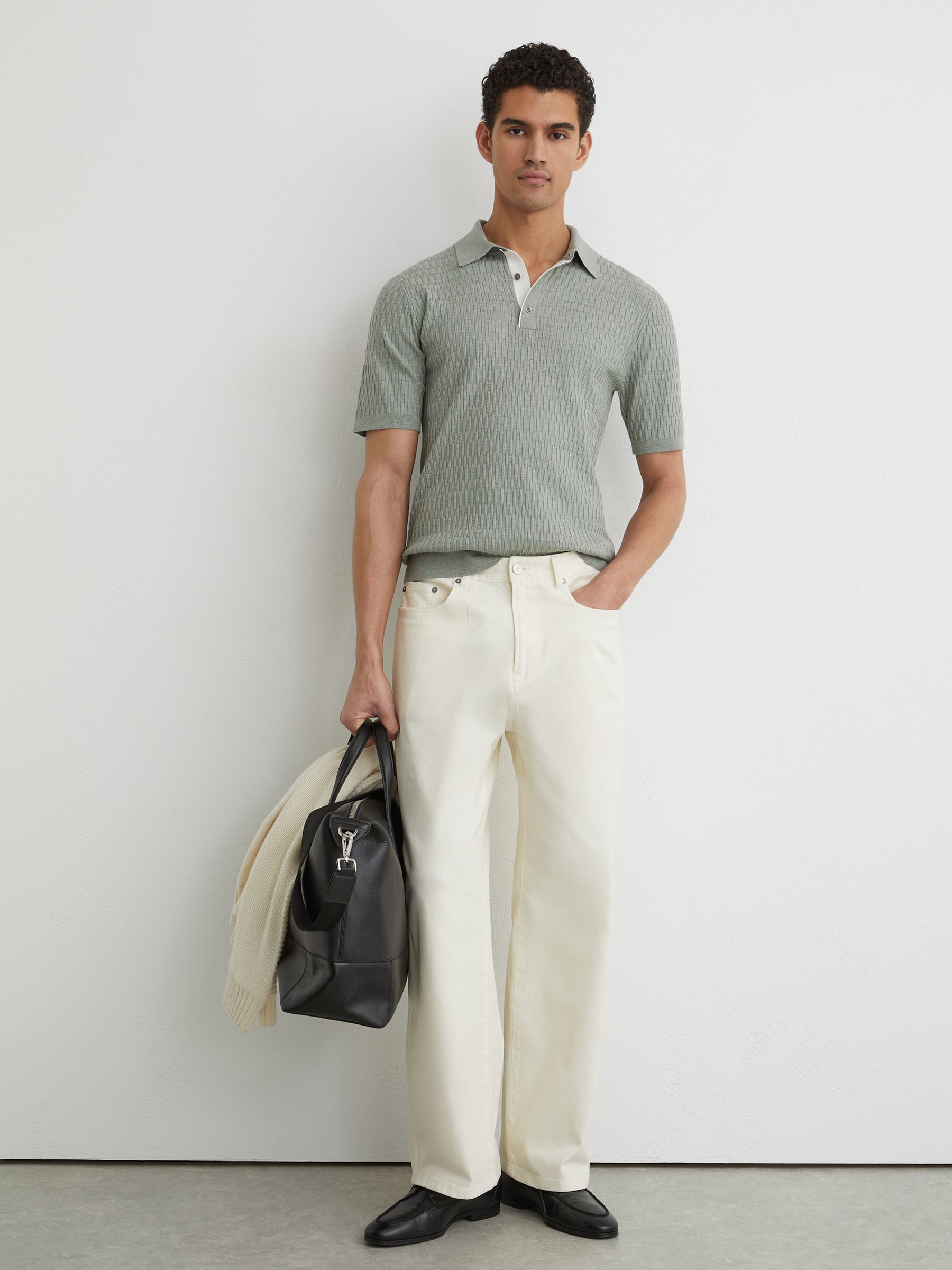 Textured-Knit Half-Button Polo Shirt in Soft Sage - Image 1 of 6